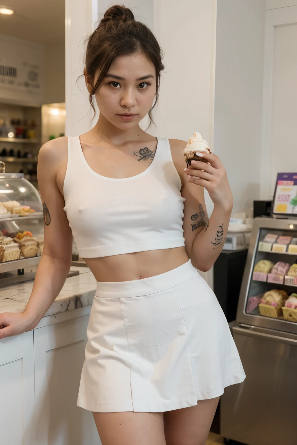 Thai women wear white tank tops Small tattoos in the skin Wear a short skirt Put the canvas backing in the bag. In the ice cream shop, one hand holds an ice cream cone. There are 3 ice cream sticks.