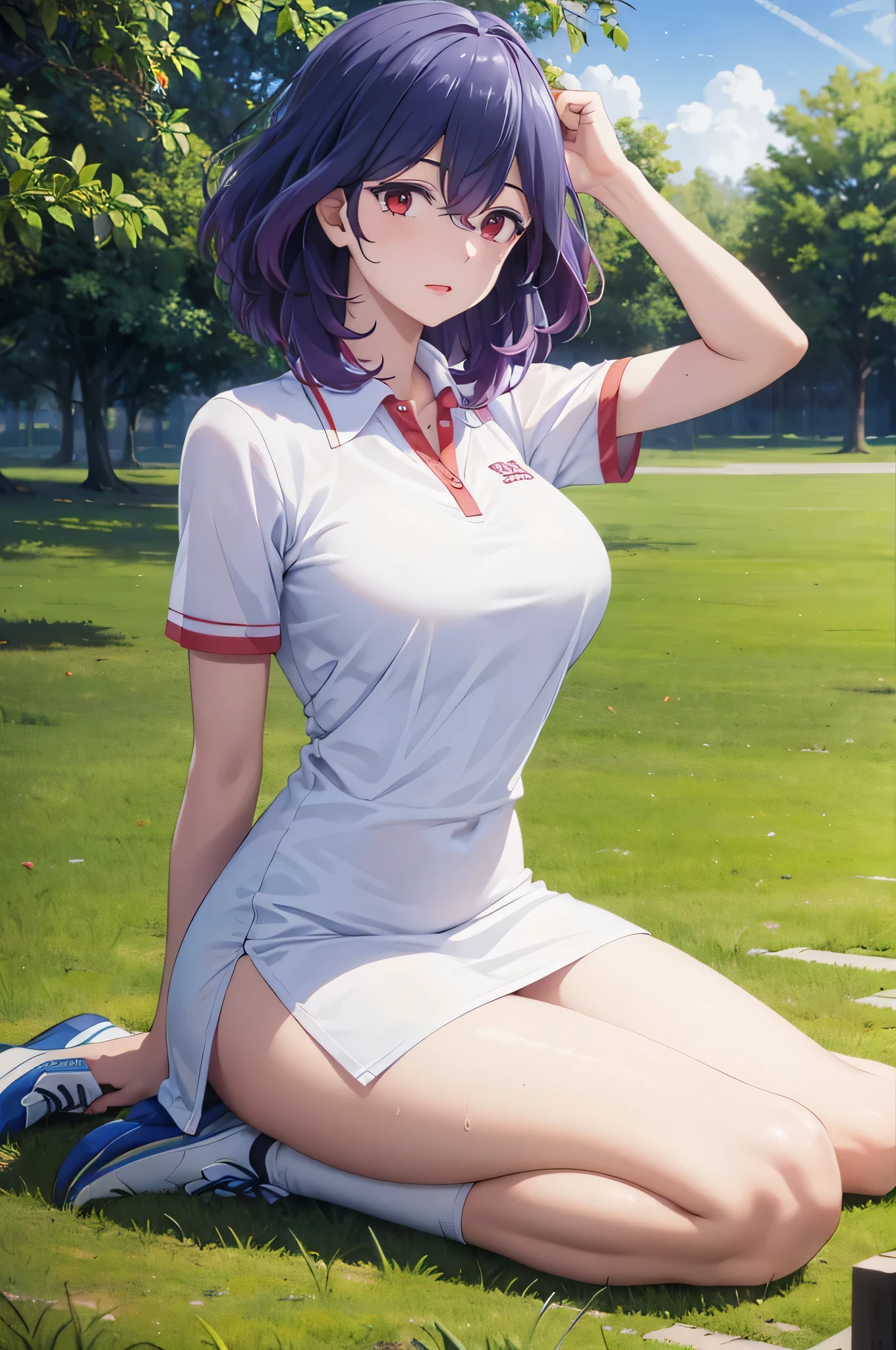 1girl, solo, white polo shirt, white sneakers, tennis wear, white miniskirt, masterpiece, best quality, realistic, hyper-detailed, (shiny skin, sweaty:1.2), absurd, looking at viewer, short red hair, red eyes, slender, dynamic lighting, high resolution, sharp focus, depth of field, detailed eyes, sharp pupils, realistic pupils, , (thick thighs:1.0), outdoor, sky
