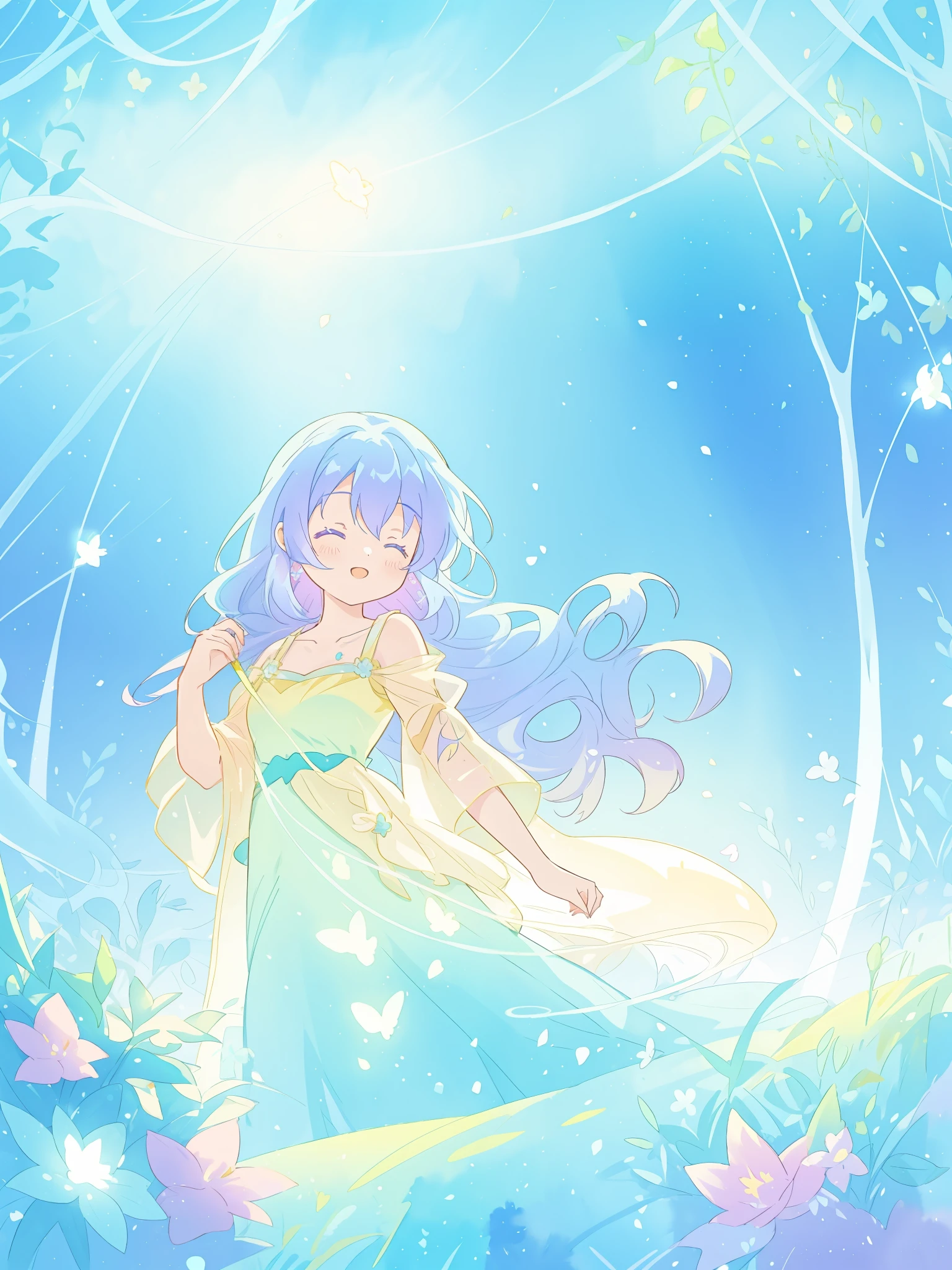 beautiful girl in yellow mint gradient flowing dress, long flowing blue purple hair, colorful fantasia background, watercolor illustration, disney art style, glowing aura around her, glowing lights, beautiful digital illustration, fantasia otherworldly landscape plants flowers, beautiful, masterpiece, best quality, anime disney style