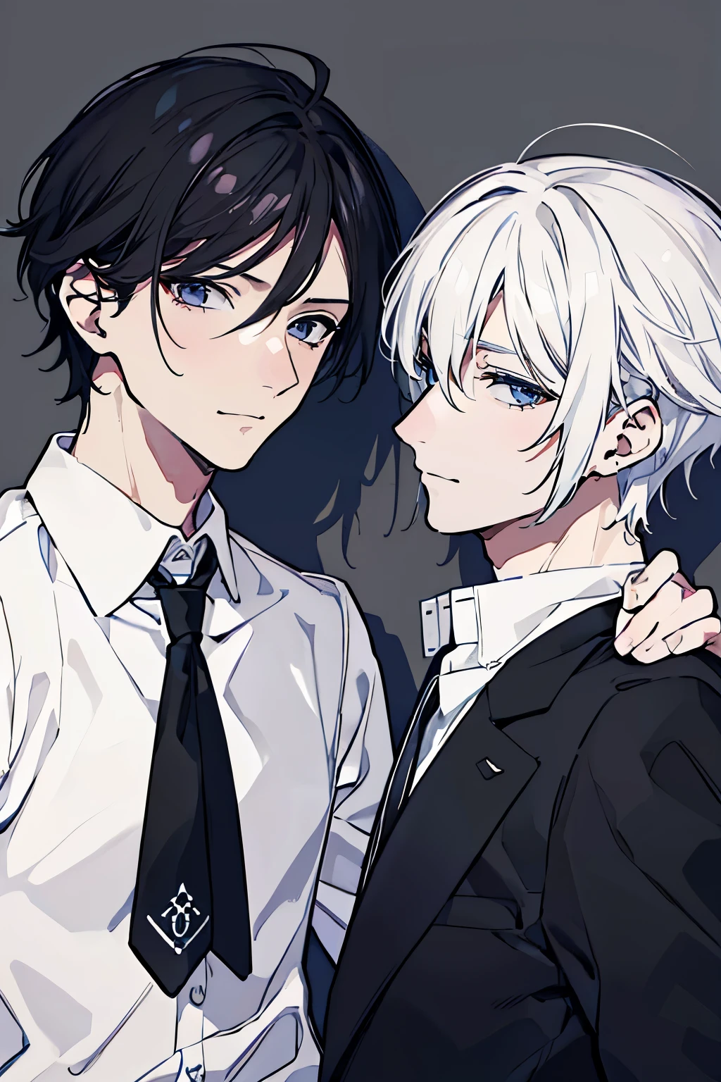 (muste piece), (best quality), very detailed, ((two friendly men)), perfect face, beautiful face, very detailed face,(black haired man:1.3),(white haired man:1.3),shirt