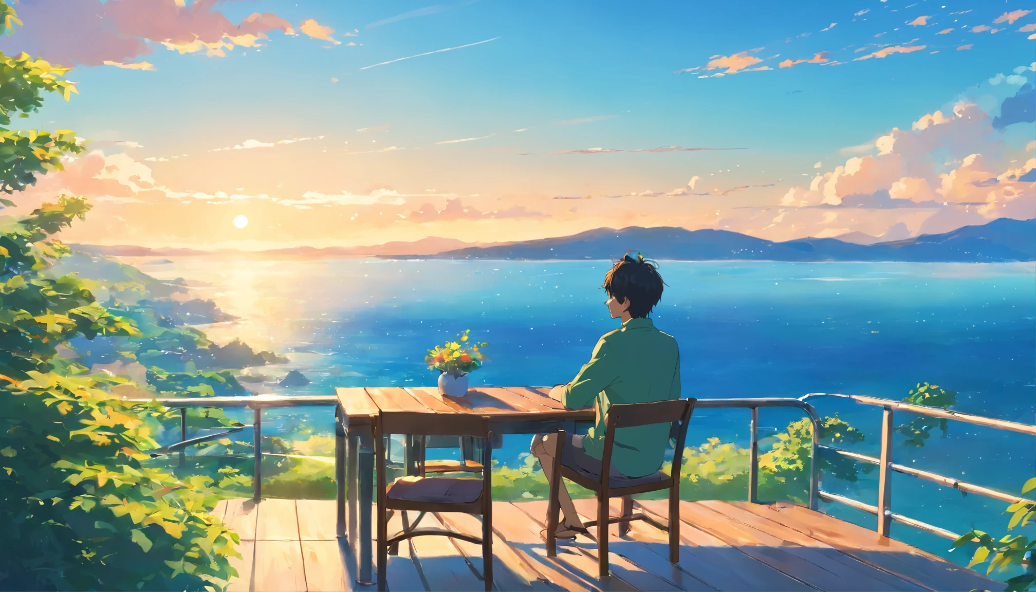 On a hill with a view of the sea、sitting on a chair and drinking coffee、Comfortable、leisurely、Calm、blue sky、kind-looking young man、back view