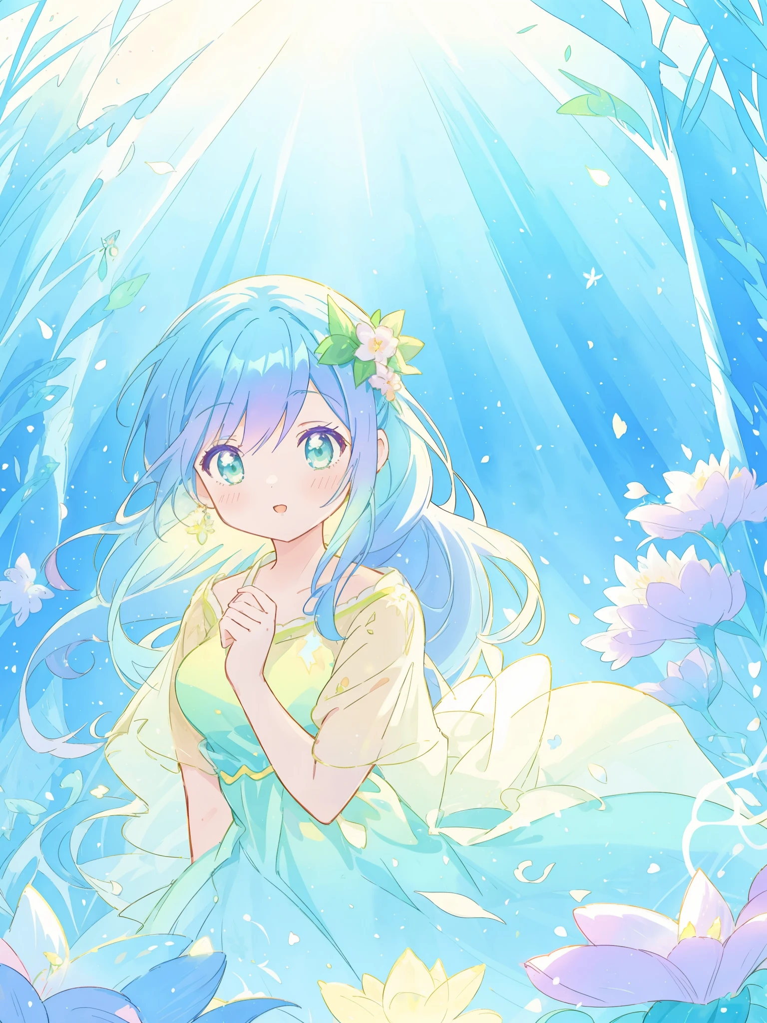 beautiful girl in yellow mint gradient flowing dress, long flowing blue purple hair, colorful fantasia background, watercolor illustration, disney art style, glowing aura around her, glowing lights, beautiful digital illustration, fantasia otherworldly landscape plants flowers, beautiful, masterpiece, best quality, anime disney style