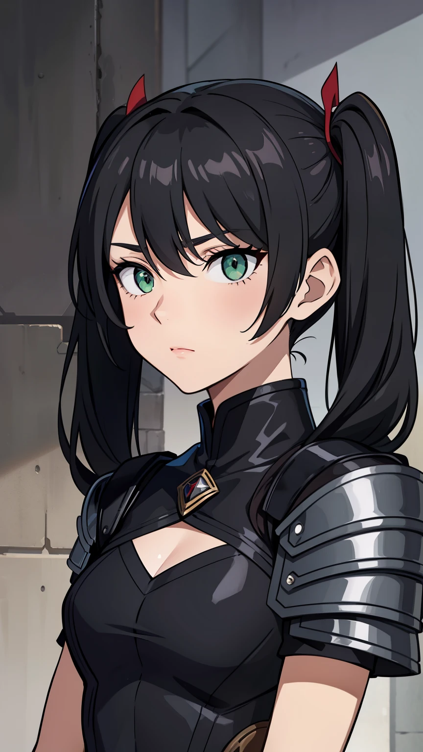 (high-quality, breathtaking),(expressive eyes, perfect face) portrait, 1girl, female, solo, adult, age 20, black hair, green eye color, long hair length, looking at viewer, half body, calm expression, fantasy clothing, elegant, mature, height 4"3, fantasy adventurer attire, rouge attire, thief profession, short height, black hooded cloak, black jacket, black short sleeved shirt, gauntlets, black shorts, silver trim, fantasy armor, shoulder pads, pigtails, pigtails hairstyle, stylized hair, leather armor, light tanned skin
