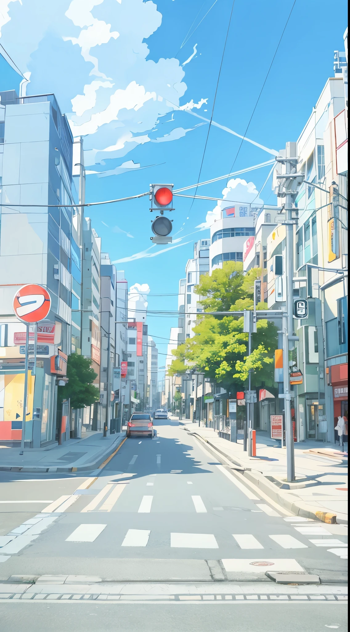 a red traffic light sitting on the side of a road, deserted shinjuku junk town, traffic light on, traffic light, city street view background, traffic lights, japanese city street fashion, sunny day with clear sky, lonely!! stop light glowing, kyoto animation studio, cyberpunk streets in japan, japanese city pop color palette, at a city street, at a deserted city, highly detailed, blue sky,cloudy, illustration, no human