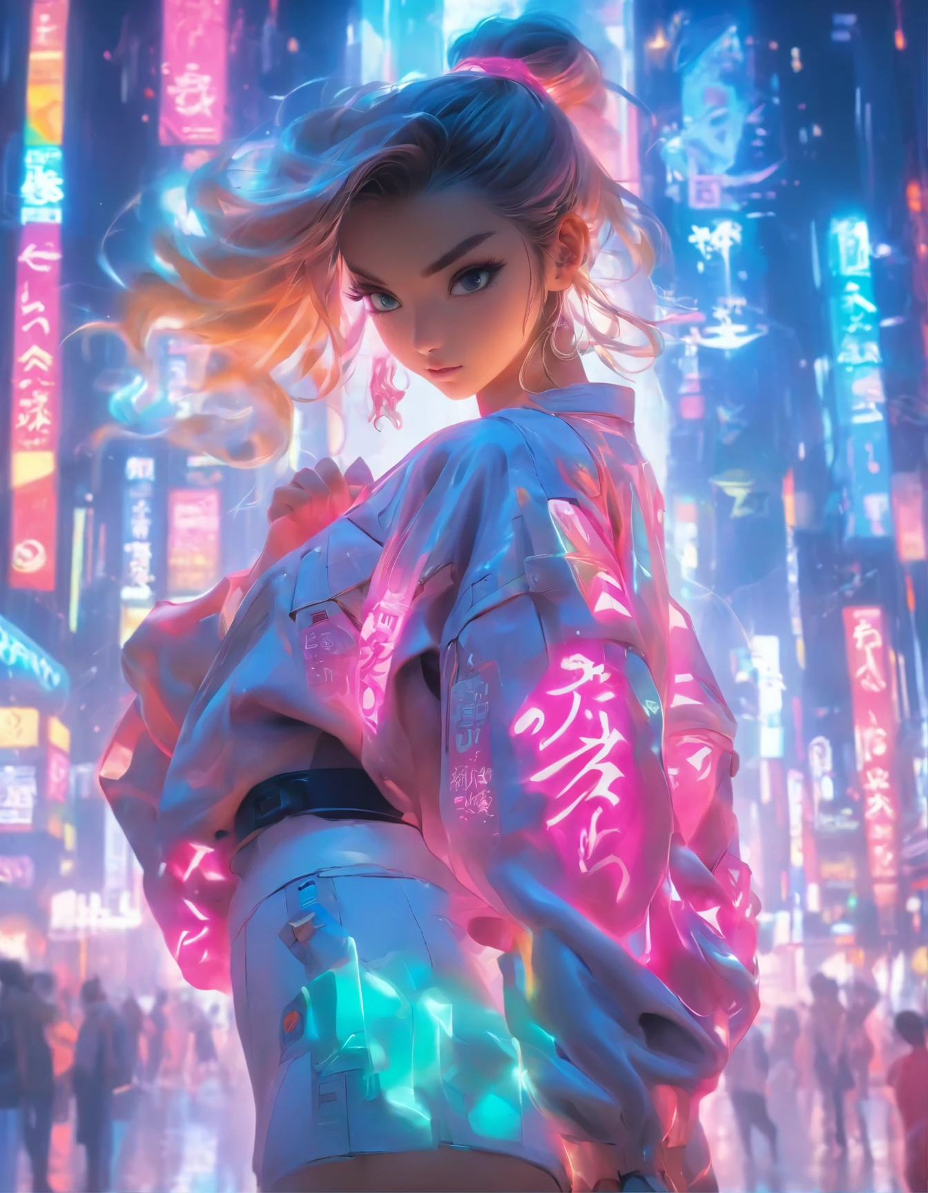 (best quality:1.3),(masterpiece:1.2),16k,level picture quality,future technology,1girl,A Chinese kung fu girl wearing a cyberpunk-style mecha costume,dynamic poses,(glowing electronic screen),(Electronic information flow:1.3),Holographic projection,(Glowing electronic screen on arm:1.2),whole body多线条光条,Luminous text on thigh,(girl pose:1.2),Glowing electronic shoes,whole body,Colored smoke,City blocks,skyscraper,neon lights,