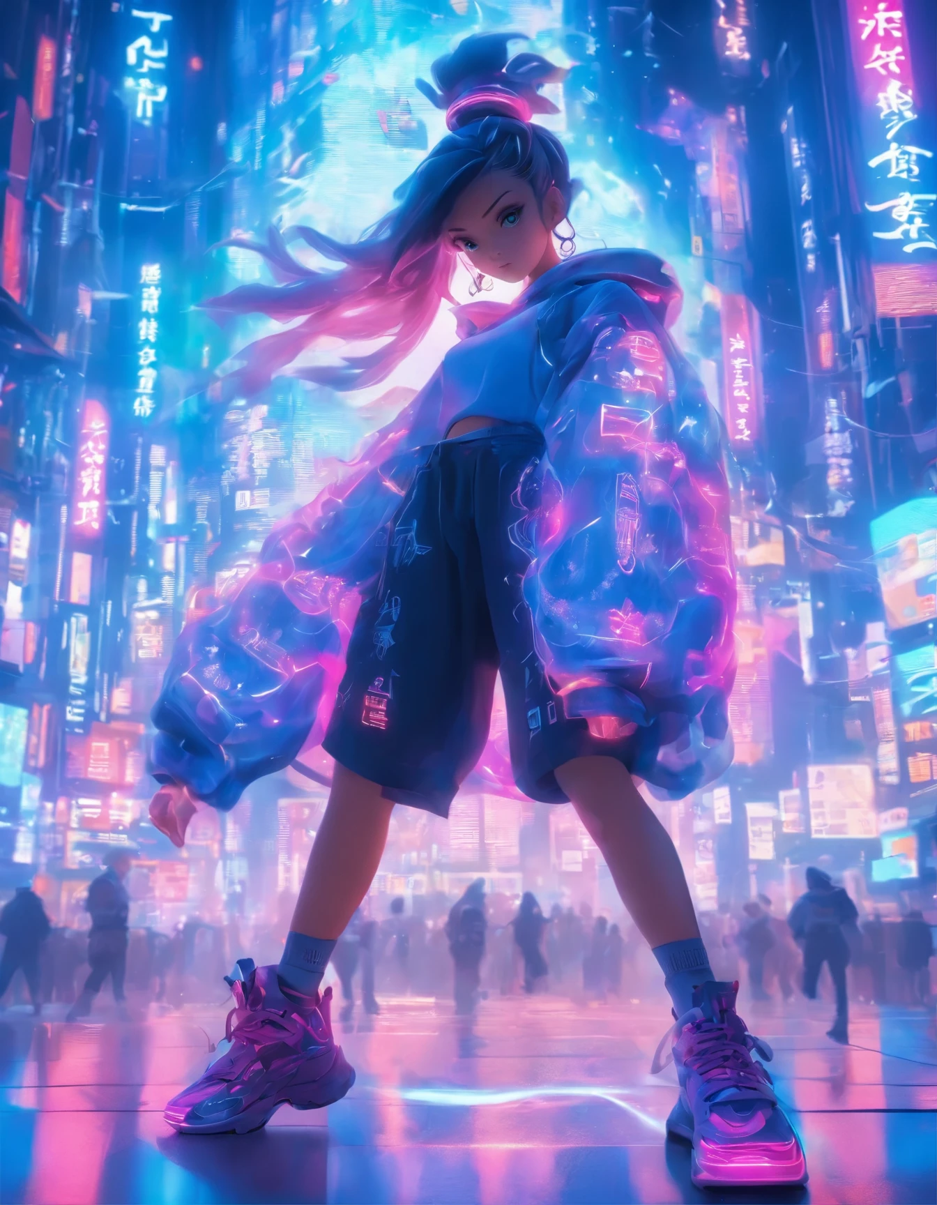 （best quality：1.3），（masterpiece：1.2），16k，level picture quality，future technology，1girl，A Chinese kung fu girl wearing a cyberpunk-style mecha costume，dynamic poses，（glowing electronic screen），（Electronic information flow：1.3），Holographic projection，（Glowing electronic screen on arm：1.2），whole body多线条光条，Luminous text on thigh，（girl pose：1.2），Glowing electronic shoes，whole body，Colored smoke，City blocks，skyscraper，neon lights，