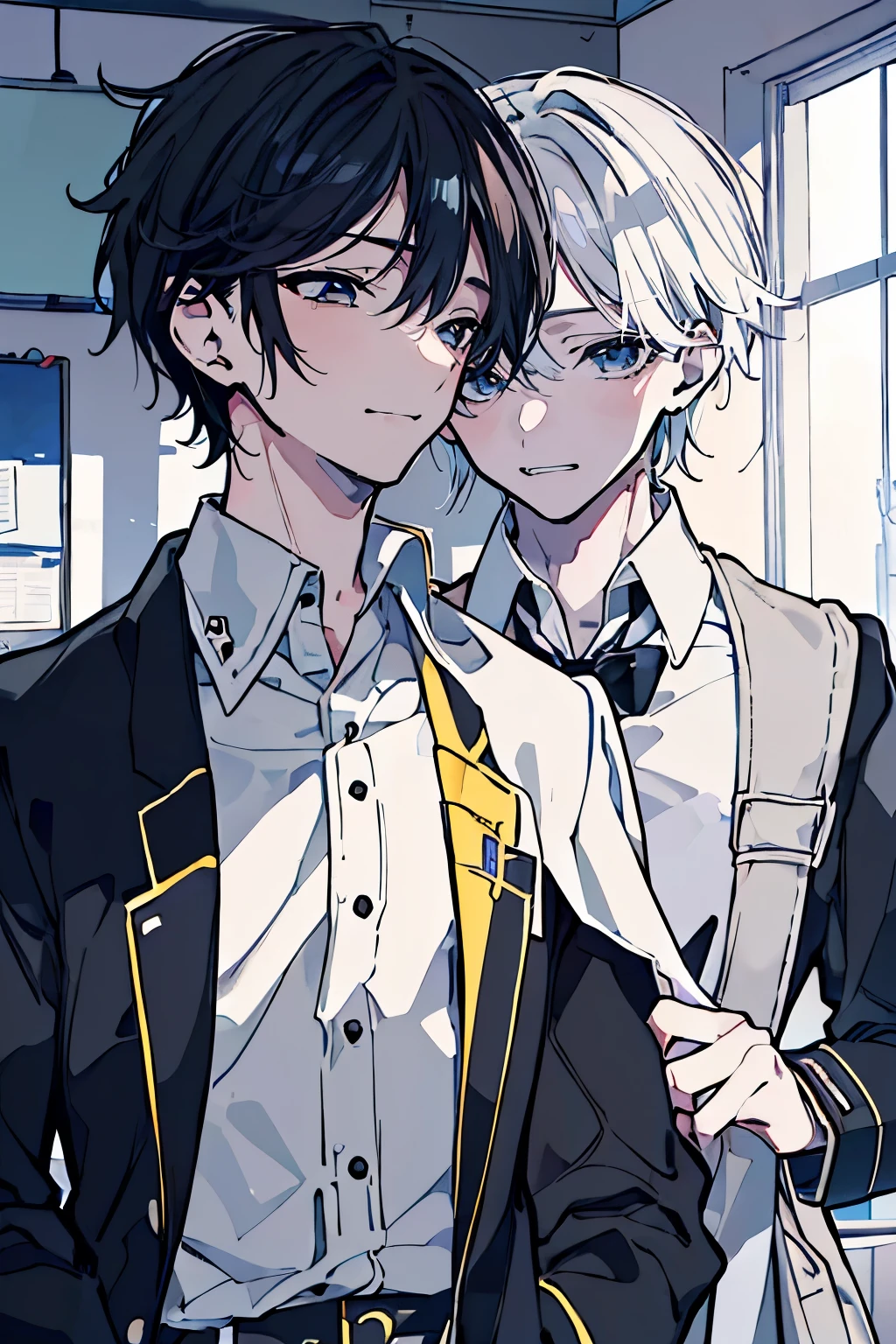 (muste piece), (best quality), very detailed, ((Two friendly high school boys:1.5)), perfect face, beautiful face, very detailed face,(black haired man:1.3),(white haired man:1.3),School,classroom,uniform