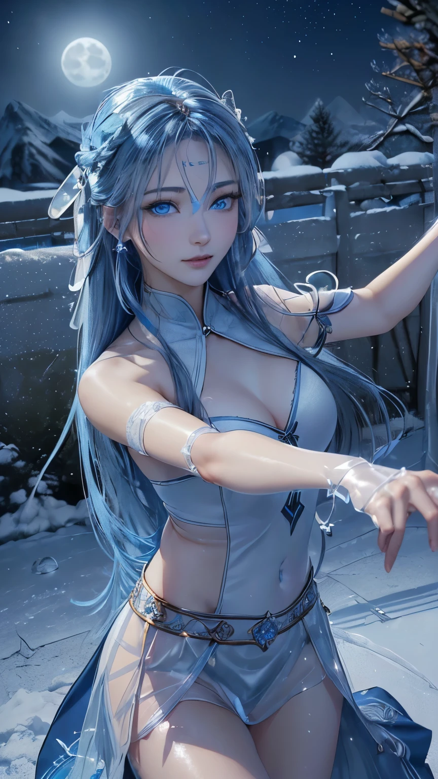 (logo, masterpiece, 8k, table top, RAW photo, wonderful, 最high quality, Photorealistic and hvery detailed CG integrated 8k wallpaper, high quality, very detailed, Narrative poem, particle effects, dynamic effects, written boundary depth, cinematic light, Lens flare, ray tracing, anatomically accurate)), fantasy, ((1 beautiful woman, clear blue eyes, 銀色のlong hair, beautiful face, real face, beautiful detailed eyes, beautiful skin, woman dancing gracefully:1.7, woman dancing gracefully:1.7)), long hairがWindでなびく, long hairが跳ねる, long hairがWindで踊る, hair jump, jewelry, tattoo, Hanfu, chinese fairy, taoist uniform, silver earrings, ((night, Wind, darkness, bluish full moon, night空, 雪とhoarfrost, very cold winter day, snow-capped mountainや森, hoarfrost, snow-capped mountain々, The beauty and brilliance of frost-covered trees, The tranquility and beauty of a world of ice and snow)), hip up, beautiful eyes, long hair, ring-shaped eyes