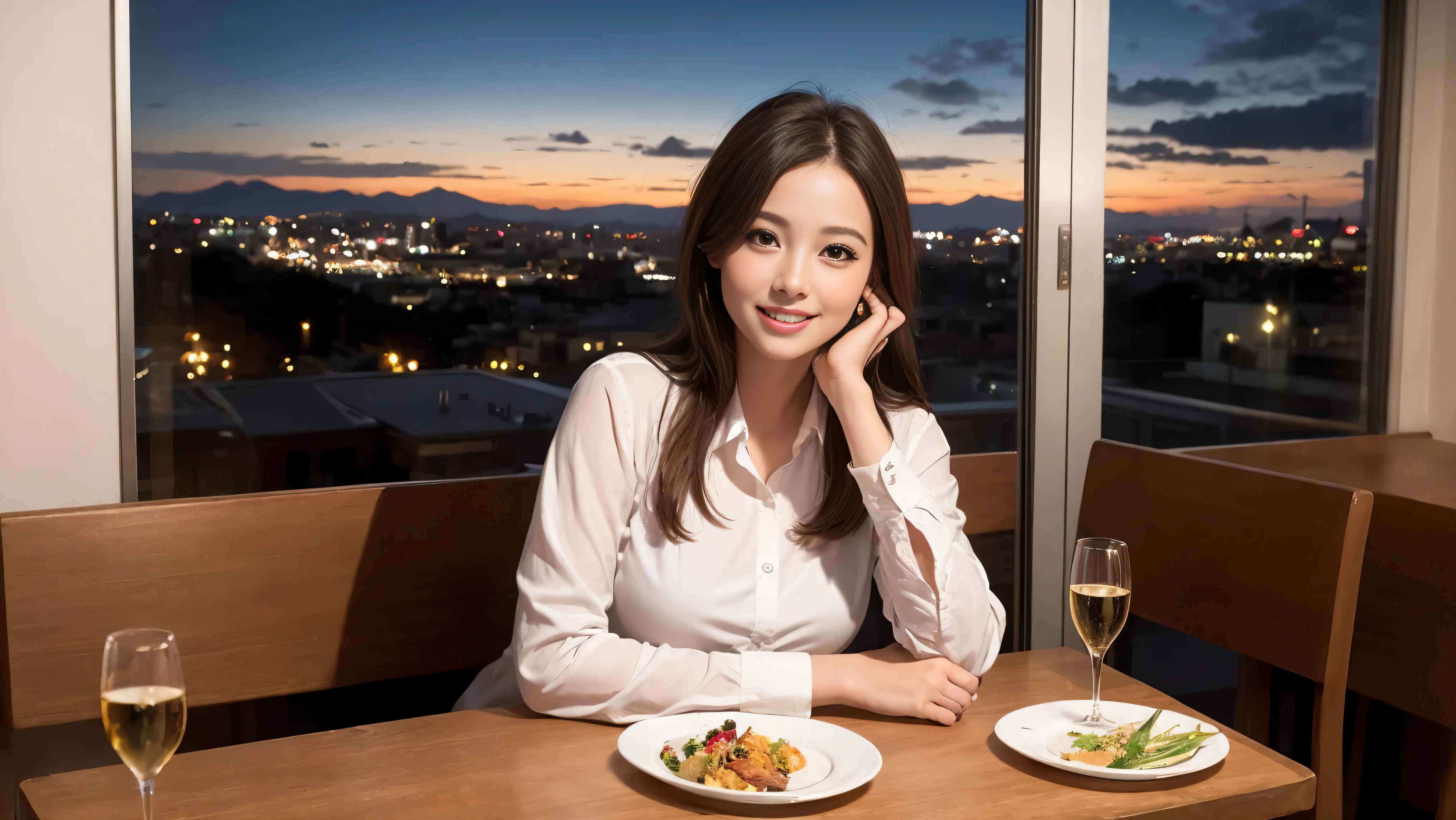 (K UHD, nffsw, top quality, table top: 1.2), (realistic, realistic: 1.37), Spectacular view of the sunset sky and clouds、Amazing mountain views、A bright smile、A lovely woman with a smile、The woman's face is bright、fox face、lady、Wine Party、hors d'oeuvre、Italian food、2 beauties、brown hair、shortcut、long sleeve shirt、winter fashion、dress、Japanese、Englishman、Dutch、German、Belgian、Italian、French,wine bottle、hors d'oeuvre、Champagne、sparkling wine、Pretty Woman 1, (slim face), (Because I'm slender), (brown hair), (shortcut), cheeks turn a little red, (40 years old), 38 years old, attractive beauty、, A beautiful and detailed night view spreads out outside the window.........., restaurant, sitting in a wine glass, At night, in a prominent place (from the waist up) nova frog style, actress, model, Upper body, White wine, slim, wine glass, very beautiful night view, wine glass placed in the middle, Smile, (smile: 1.15), beautiful small eyes,