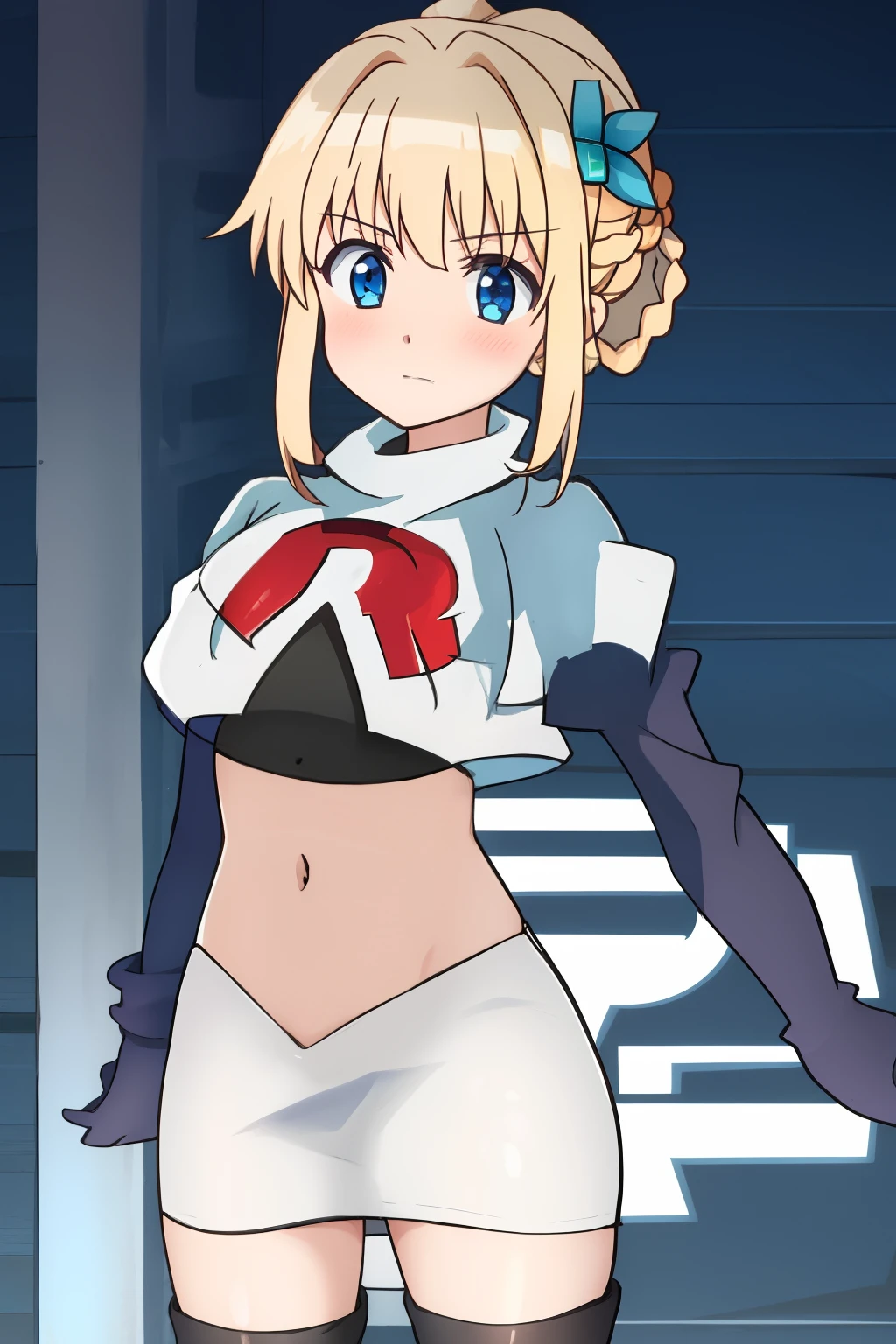 sora, anime art style, 1girl, solo, blush, bangs, blue_eyes, blonde_hair, hair_ornament, ponytail, braid, flower, hair_flower, blue_flower, team rocket,team rocket uniform, red letter R, white skirt,white crop top,black thigh-highs ,black elbow gloves