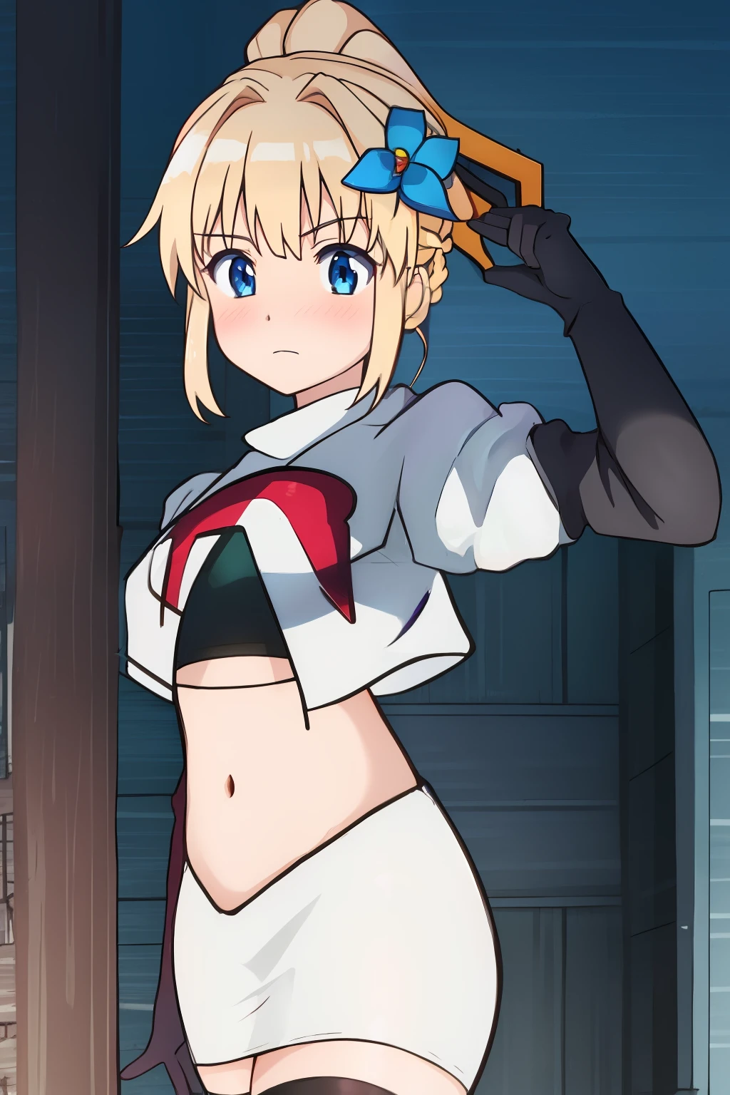 sora, anime art style, 1girl, solo, blush, bangs, blue_eyes, blonde_hair, hair_ornament, ponytail, braid, flower, hair_flower, blue_flower, team rocket,team rocket uniform, red letter R, white skirt,white crop top,black thigh-highs ,black elbow gloves