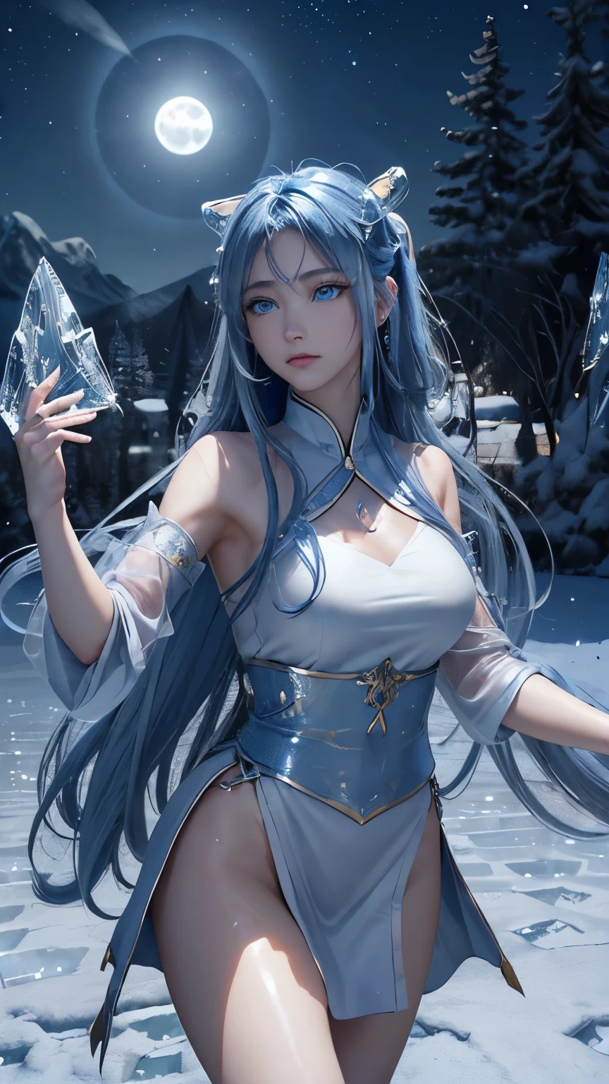 (logo, masterpiece, 8k, table top, RAW photo, wonderful, 最high quality, Photorealistic and hvery detailed CG integrated 8k wallpaper, high quality, very detailed, Narrative poem, particle effects, dynamic effects, written boundary depth, cinematic light, Lens flare, ray tracing, anatomically accurate)), fantasy, ((1 beautiful woman, clear blue eyes, 銀色のlong hair, beautiful face, real face, beautiful detailed eyes, beautiful skin, woman dancing gracefully:1.7, woman dancing gracefully:1.7)), long hairがWindでなびく, long hairが跳ねる, long hairがWindで踊る, hair jump, jewelry, tattoo, Hanfu, chinese fairy, taoist uniform, silver earrings, ((night, Wind, darkness, bluish full moon, night空, 雪とhoarfrost, very cold winter day, snow-capped mountainや森, hoarfrost, snow-capped mountain々, The beauty and brilliance of frost-covered trees, The tranquility and beauty of a world of ice and snow)), hip up, beautiful eyes, long hair, ring-shaped eyes