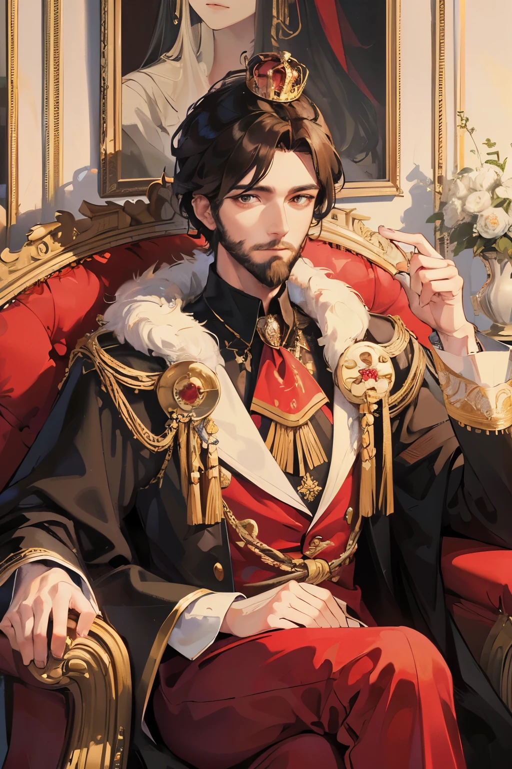 there is a man wearing crown on his head wearing a suit, royal emperor, man wearing crown, Bearded face,king's portrait, guys, Royal Kingdom, royal portrait, Artgrem, Court Costume Akira, Red Gear Prince Crown, handsome prince, beautiful androgynous prince, king of dreams, white king, Avatar picture, crown