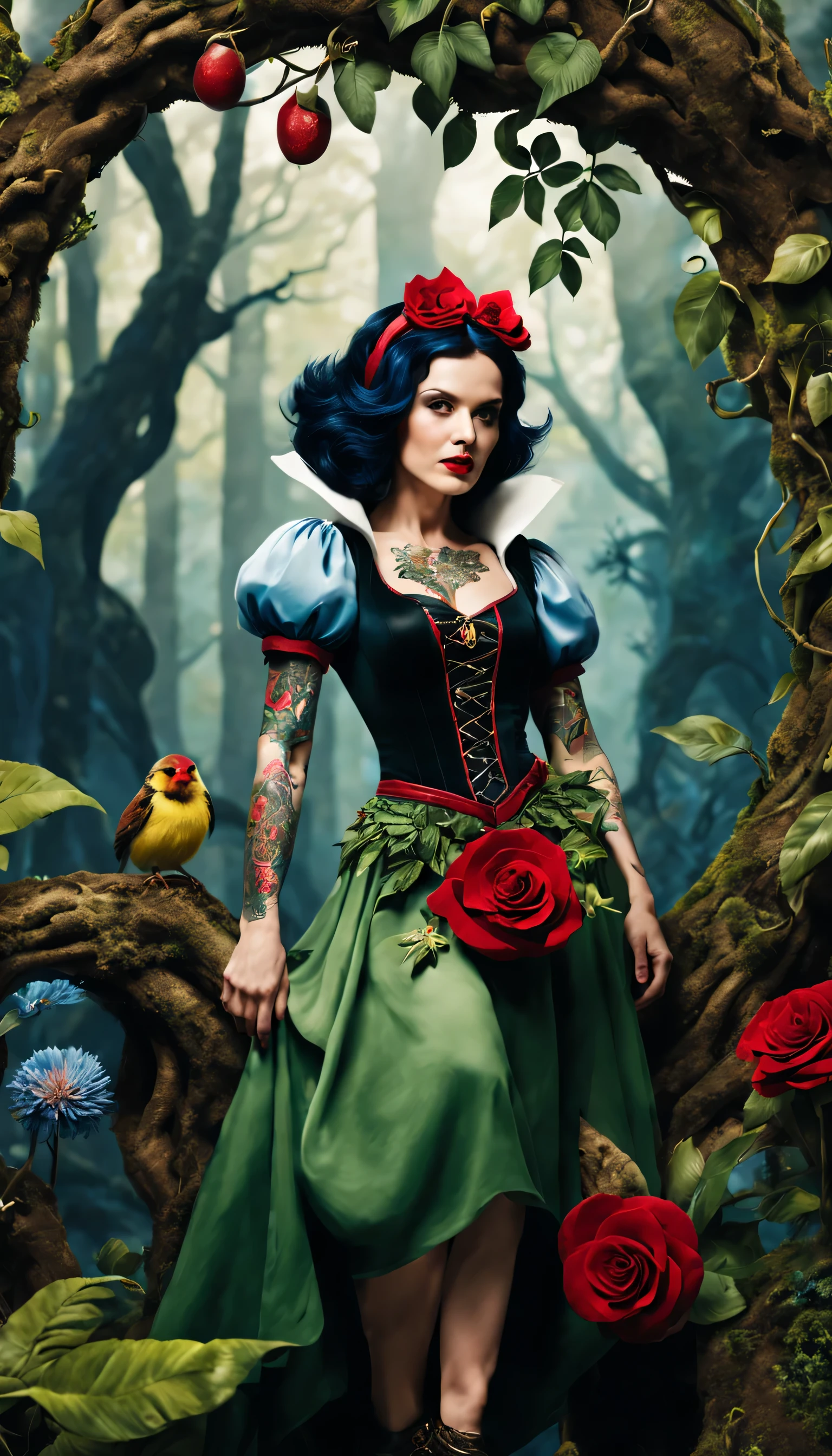 Imagine a -up Snow White with an alternative, enchanted forest punk aesthetic. In a dynamic pose amid magical flora, she wears edgy attire with nature-inspired details. Tattoos of enchanted creatures and symbols adorn her, showcasing her resilience and rebellious spirit." 