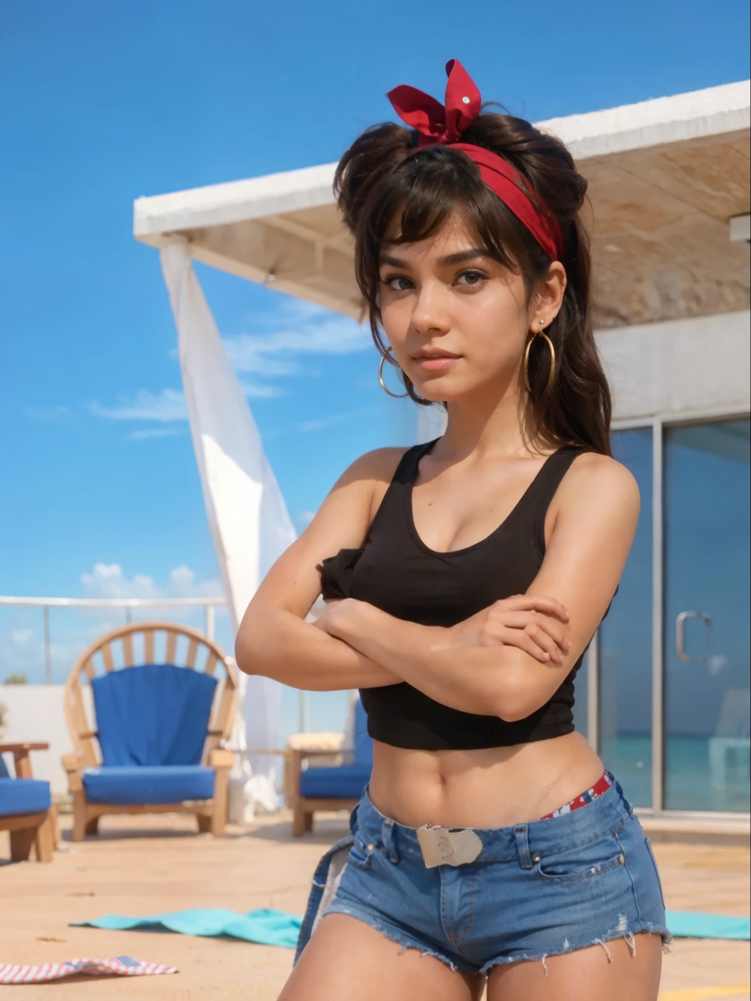 Real life adaption of this character, American beauty, brown skin ,realistic same hair with headband ,realistic same outfit,wear same earring,realistic same background, realistic light, realistic shadow, realism, hyper realistic, (photorealistic:1.2), realistic small eyes