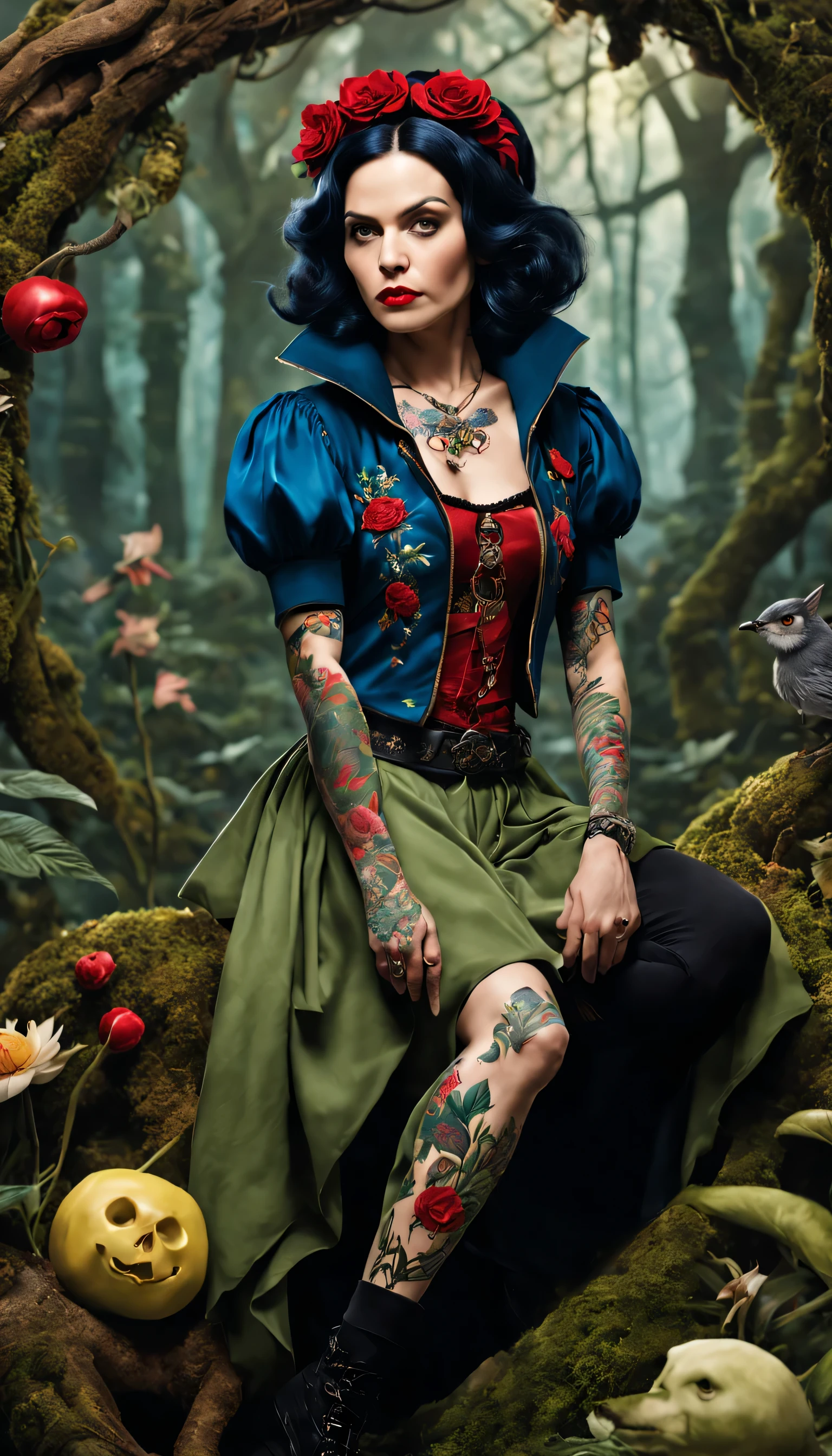 Imagine a grown-up Snow White with an alternative, enchanted forest punk aesthetic. In a dynamic pose amid magical flora, she wears edgy attire with nature-inspired details. Tattoos of enchanted creatures and symbols adorn her, showcasing her resilience and rebellious spirit." 