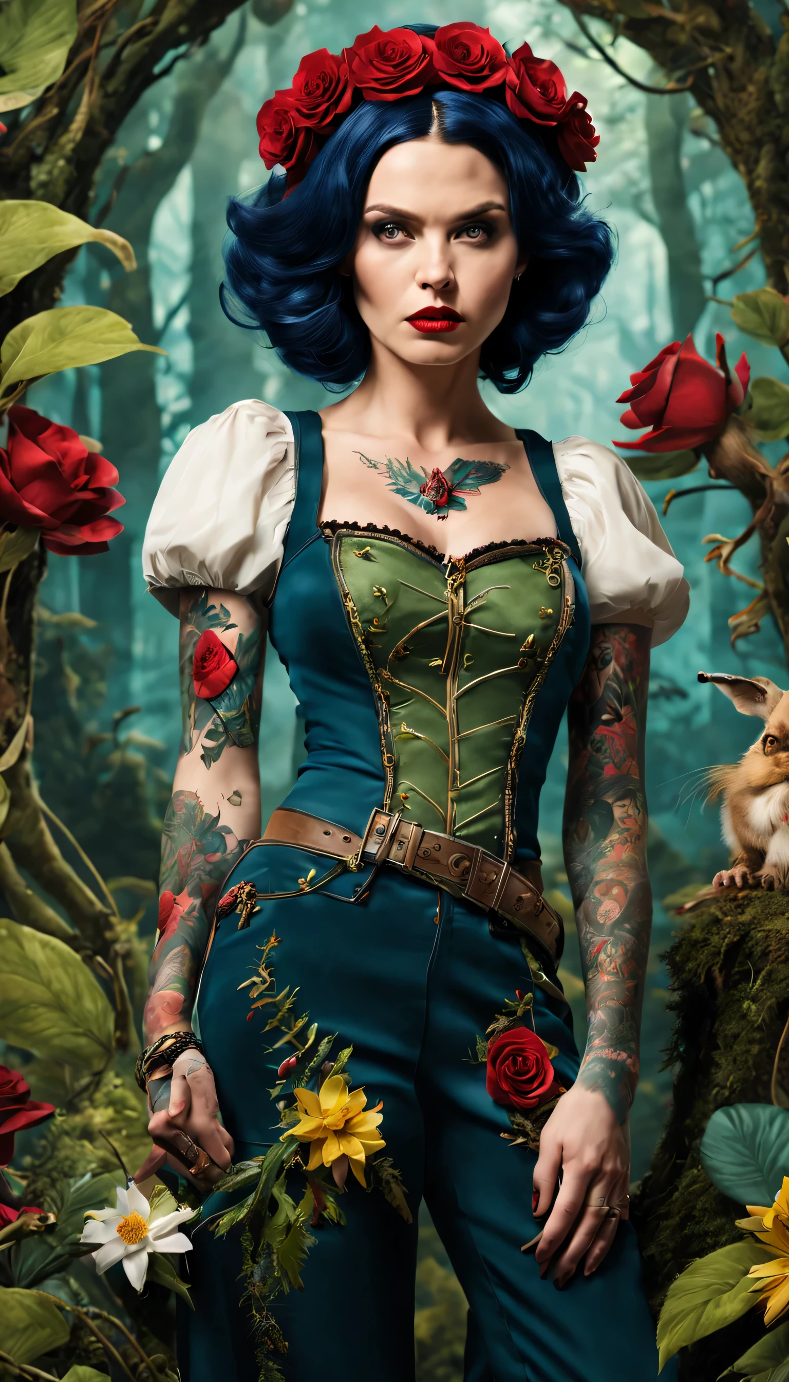 Imagine a -up Snow White with an alternative, enchanted forest punk aesthetic. In a dynamic pose amid magical flora, she wears edgy attire with nature-inspired details. Tattoos of enchanted creatures and symbols adorn her, showcasing her resilience and rebellious spirit." 