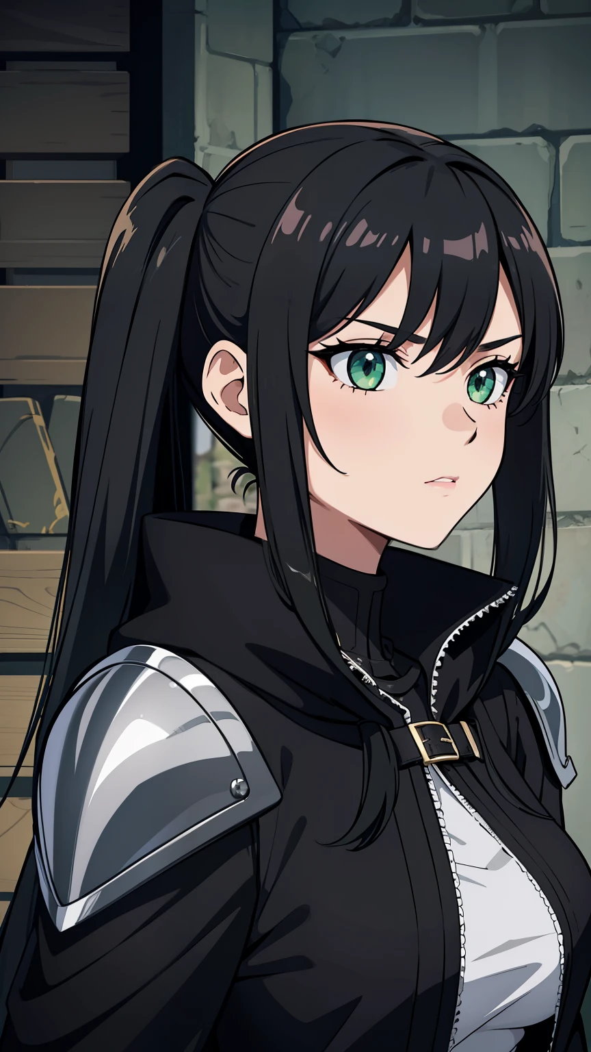 (high-quality, breathtaking),(expressive eyes, perfect face) portrait, 1girl, female, solo, adult, age 20, black hair, green eye color, long hair length, looking at viewer, half body, calm expression, fantasy clothing, mature, height 4"3, fantasy adventurer attire, rouge attire, thief profession, short height, black hooded cloak, black jacket, black short sleeved shirt, gauntlets, black shorts, silver trim, fantasy armor, shoulder pads, pigtails, pigtails hairstyle, stylized hair, leather armor, light tanned skin, C cup breast size
