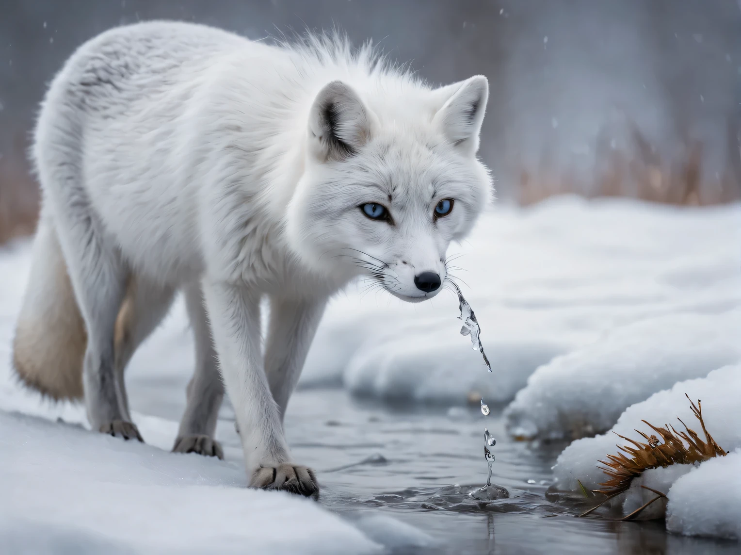 фото Sony a7R V FE 70-200mm f./2.8 US II Grandmasters from a lower angle, a winter fluffy arctic fox walks through the snow towards the shooting lens and sniffs it, close-up, light frosty fog with a halo in the background