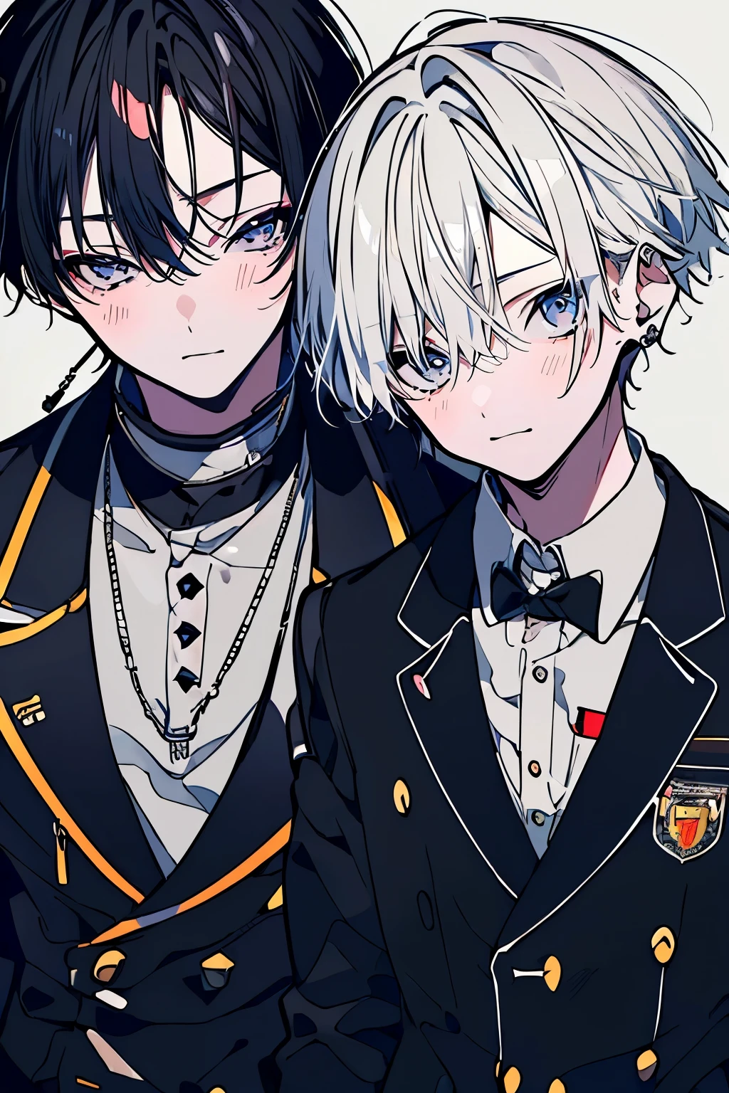 (muste piece), (best quality), very detailed, ((Two friendly high school boys:1.5)), perfect face, beautiful face, very detailed face,(black haired man:1.3),(white haired man:1.3),School,classroom,uniform