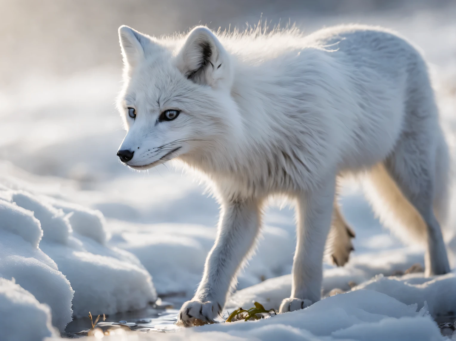 фото Sony a7R V FE 70-200mm f./2.8 US II Grandmasters from a lower angle, a winter fluffy arctic fox walks through the snow towards the shooting lens and sniffs it, close-up, light frosty fog with a halo in the background