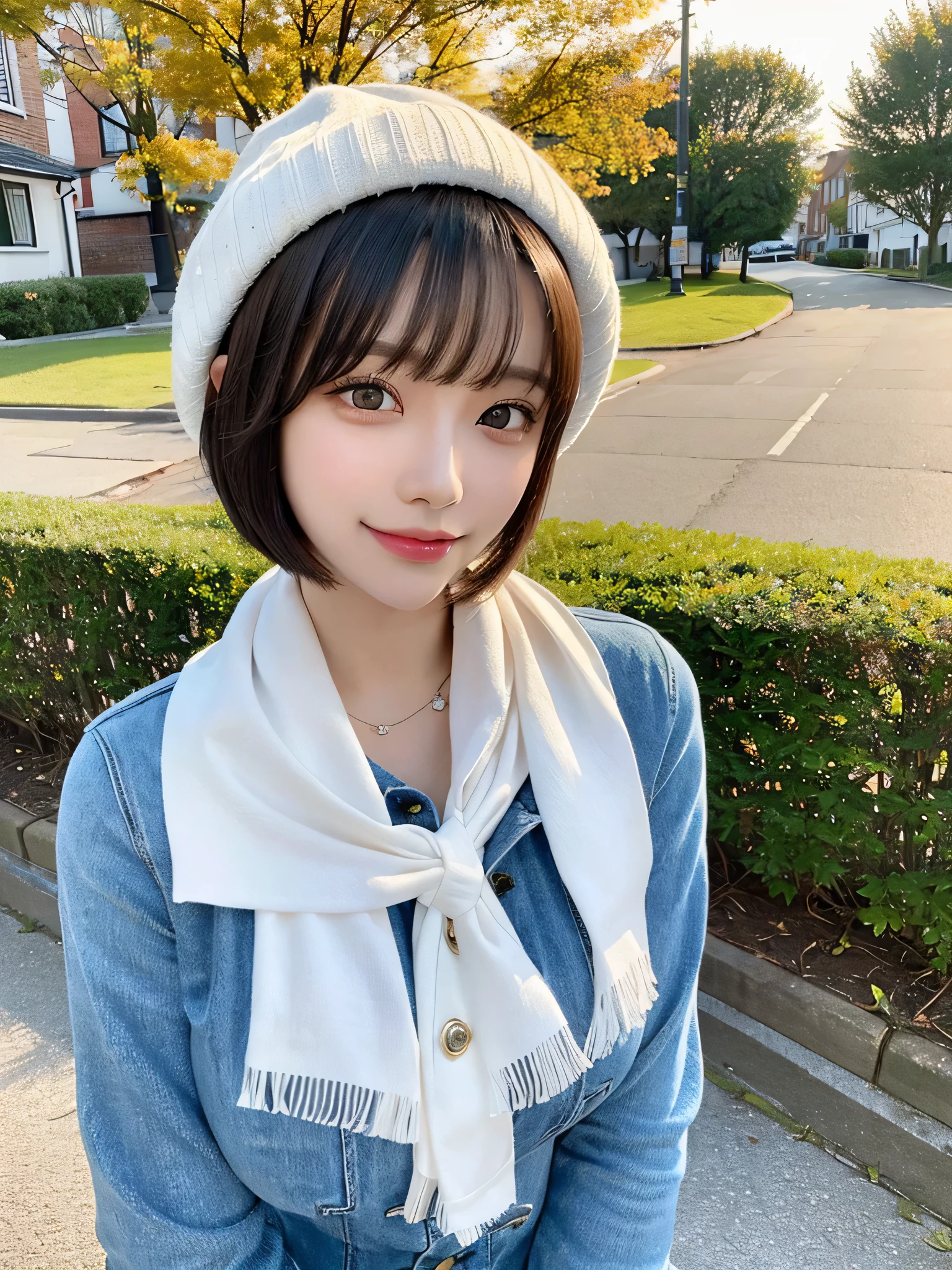 (masterpiece, highest quality),1 girl, alone, scarf, hat, realistic, realistic, looking at the viewer, light brown eyes,, Brunette short bob hair with highly detailed shiny hair, bright colored winter clothes, White headscarf, lips, bangs, outdoors, closed mouth, Upper body、Big eyes、eyelash、(((bangsのあるショートヘア、Big eyes、big and full breasts、look at the viewer、She is very beautiful and cute、Please show your ears、long neck、smile、Close your mouth and smilee)))、ideal body proportions、（Tree-lined avenues in the winter wilderness of England）