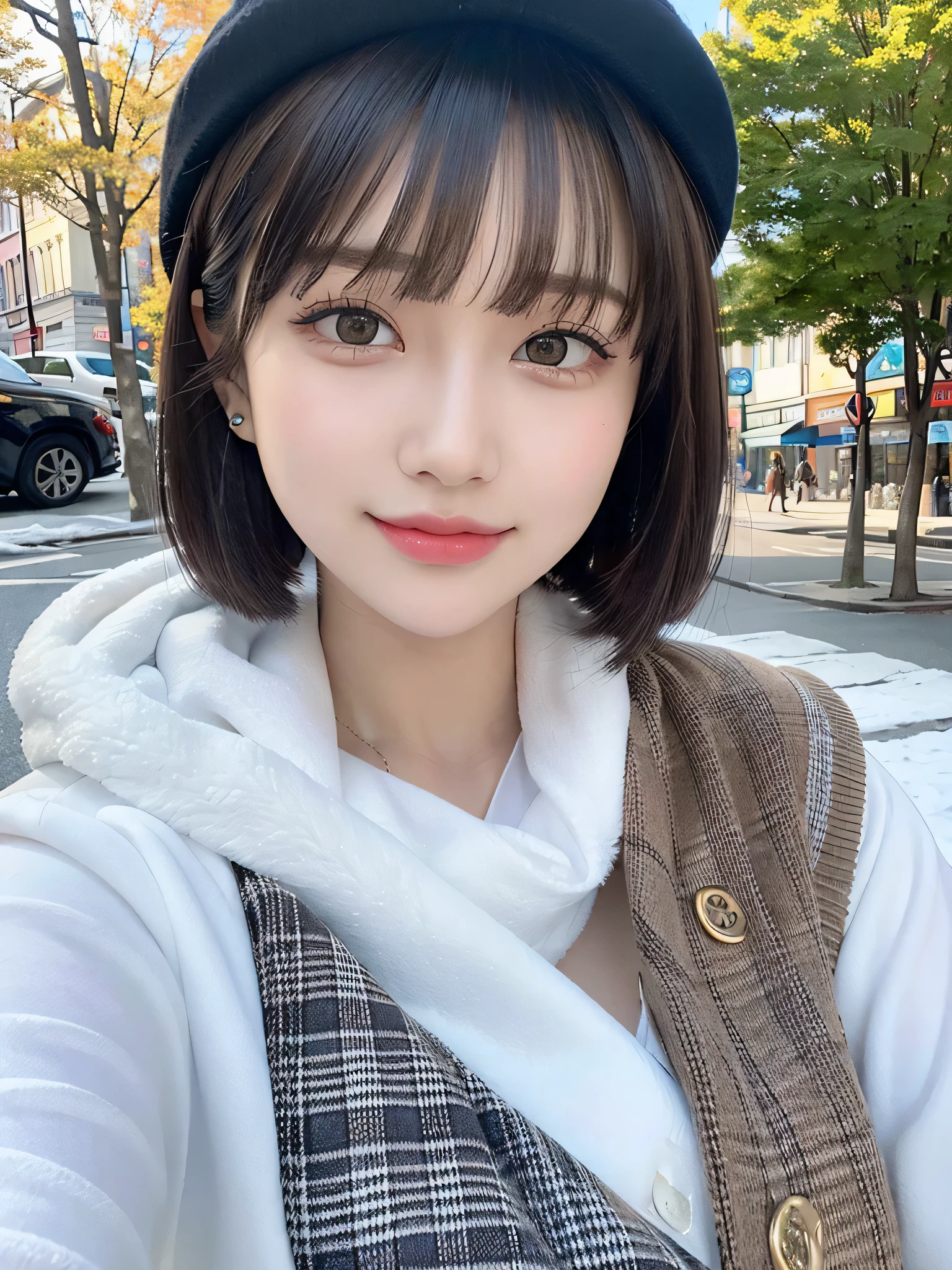 (masterpiece, highest quality),1 girl, alone, scarf, hat, realistic, realistic, looking at the viewer, light brown eyes,, Brunette short bob hair with highly detailed shiny hair, bright colored winter clothes, White headscarf, lips, bangs, outdoors, closed mouth, Upper body、Big eyes、eyelash、(((bangsのあるショートヘア、Big eyes、big and full breasts、look at the viewer、She is very beautiful and cute、Please show your ears、long neck、smile、Close your mouth and smilee)))、ideal body proportions、(Tree-lined avenues in the winter wilderness of England)