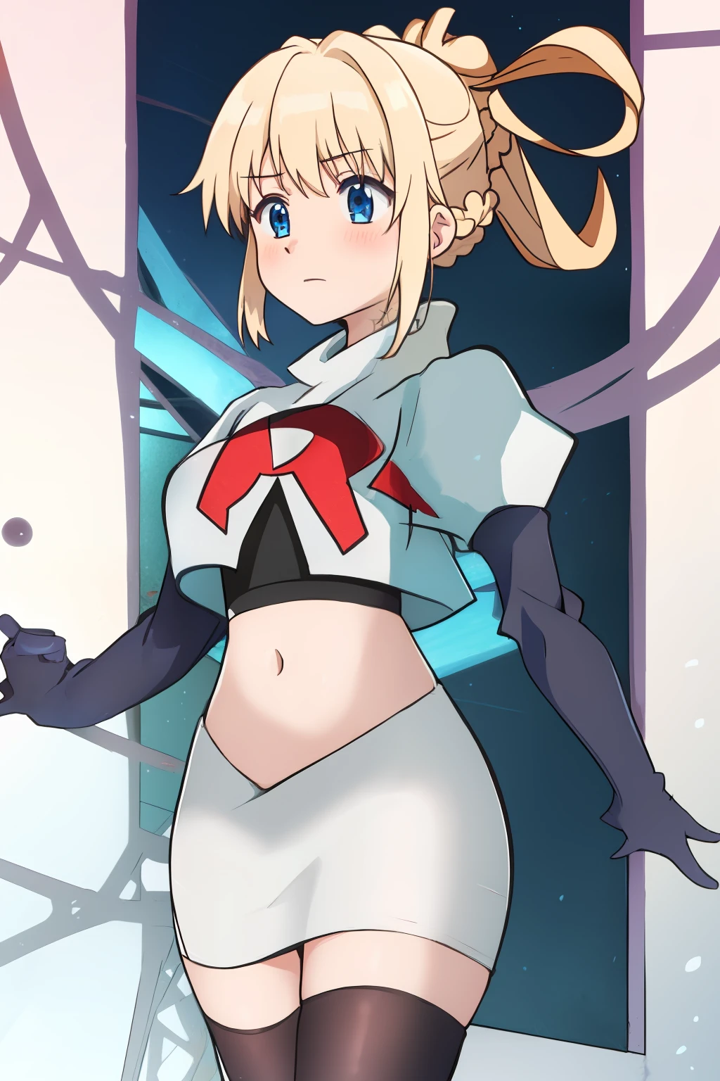 sora, anime art style, 1girl, solo, blush, bangs, blue_eyes, blonde_hair, hair_ornament, ponytail, braid, flower, hair_flower, blue_flower, team rocket,team rocket uniform, red letter R, white skirt,white crop top,black thigh-highs ,black elbow gloves