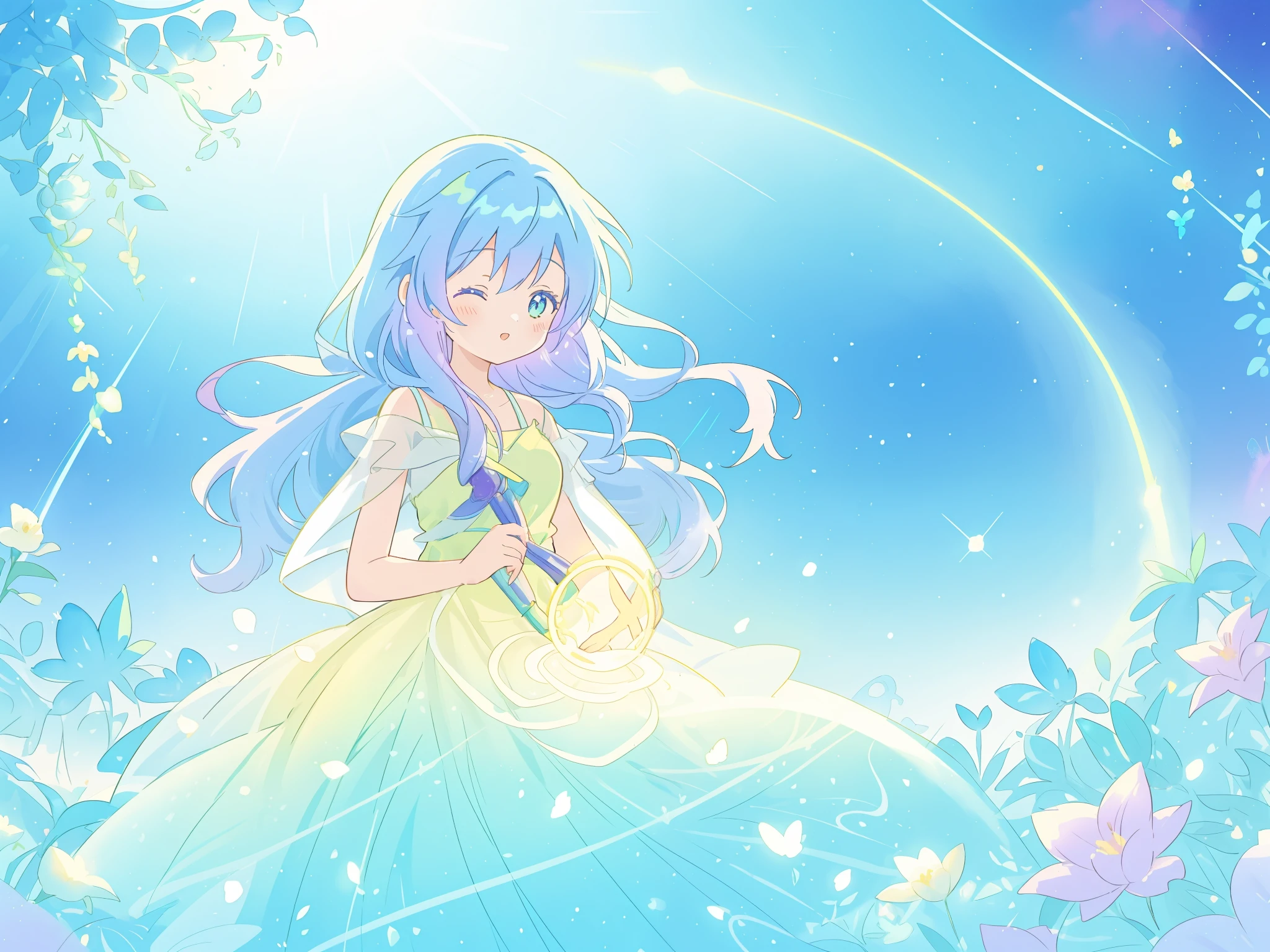 beautiful girl in yellow mint gradient flowing dress, long flowing blue purple hair, colorful fantasia background, watercolor illustration, disney art style, glowing aura around her, glowing lights, beautiful digital illustration, fantasia otherworldly landscape plants flowers, beautiful, masterpiece, best quality, anime disney style