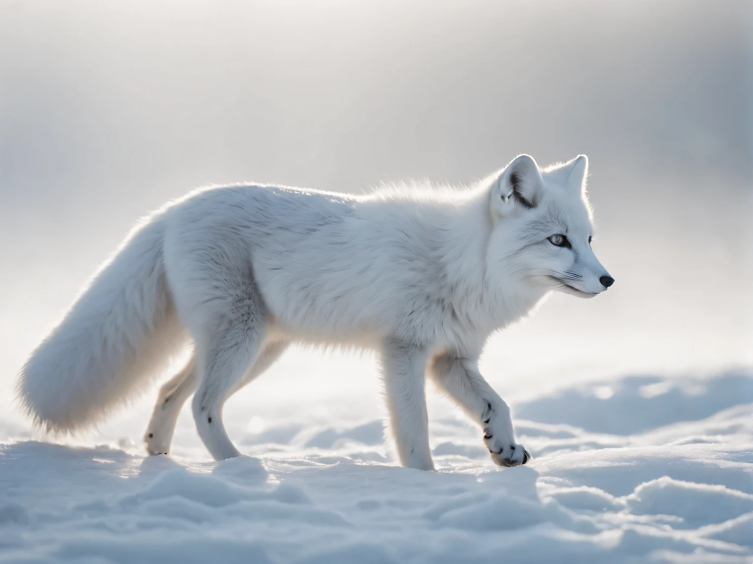 фото Sony a7R V FE 70-200mm f./2.8 US II Grandmasters from a lower angle, a winter fluffy arctic fox walks through the snow towards the shooting lens and sniffs it, close-up, light frosty fog with a halo in the background