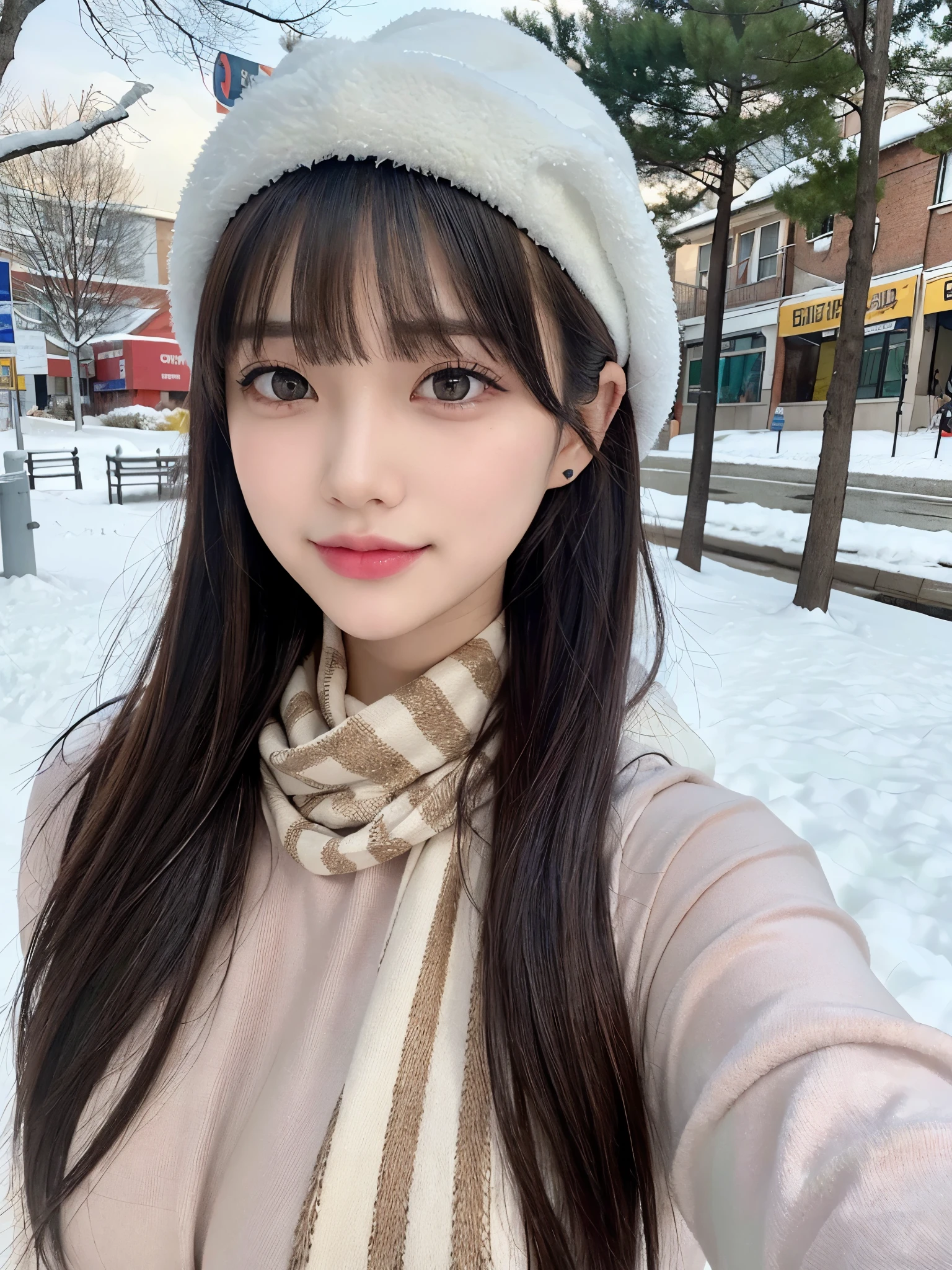 (masterpiece, top-quality),1girl in, solo, scarf, Hats, realisitic, realisitic, looking at the viewers, brown eyes of light color,, Brunette short bob hair with highly detailed shiny hair, Winter clothes in bright colors, White headscarf, s lips, bangss, plein air, a closed mouth, The upper part of the body、big eye、Lashes、(((Shorthair with bangs、big eye、large full breasts、gazing at viewer、She is a very beautiful and cute beauty、Put your ears out、long neck、smil、Close your mouth and smile)))、Ideal ratio body proportions、(A tree-lined street in England's winter wilderness)