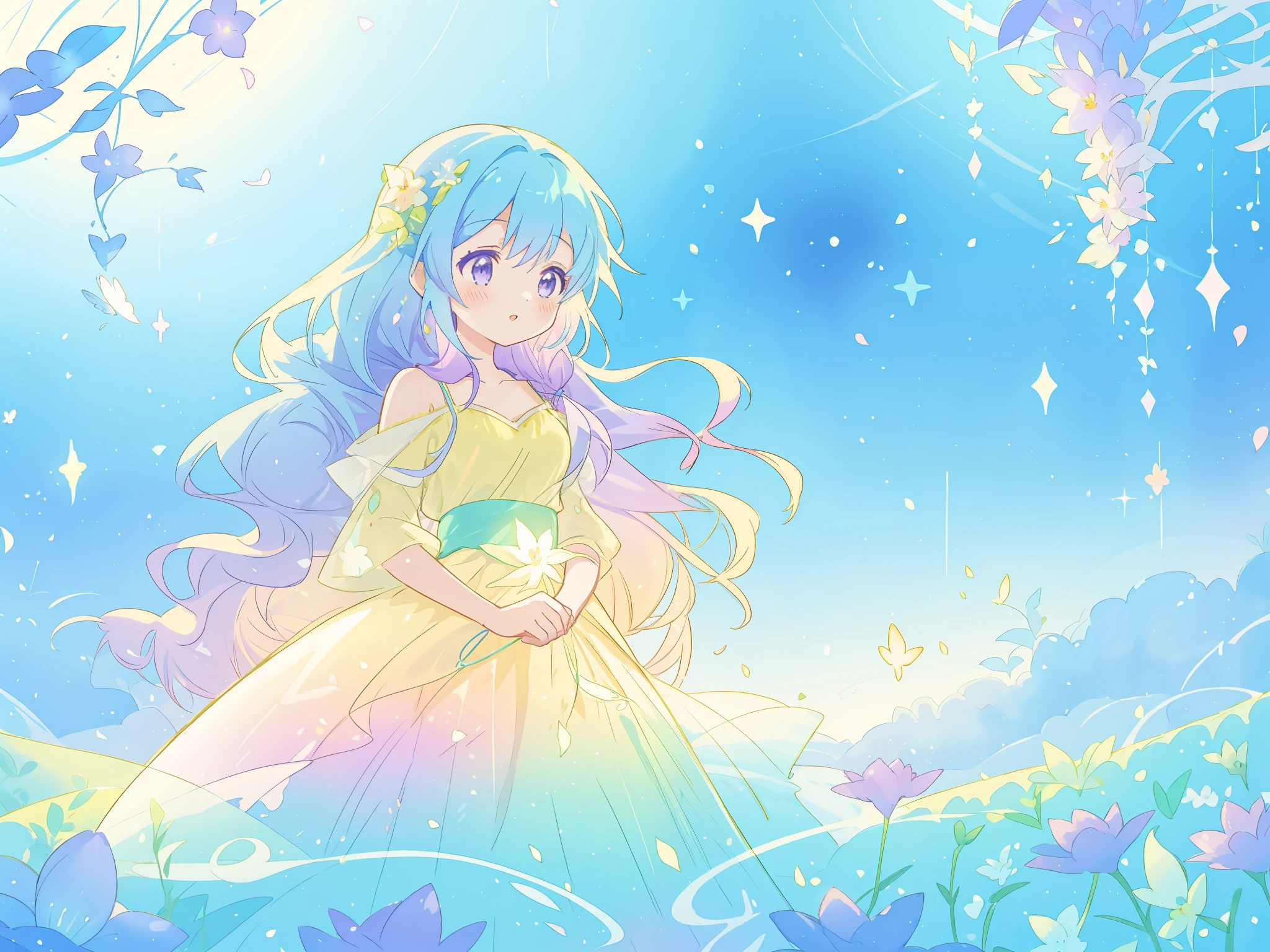 beautiful girl in yellow mint gradient flowing dress, long flowing blue purple hair, colorful fantasia background, watercolor illustration, disney art style, glowing aura around her, glowing lights, beautiful digital illustration, fantasia otherworldly landscape plants flowers, beautiful, masterpiece, best quality, anime disney style