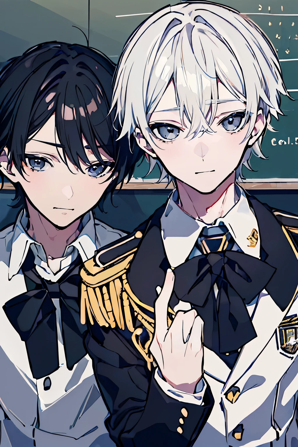 (muste piece), (best quality), very detailed, ((Two friendly high school boys:1.5)), perfect face, beautiful face, very detailed face，(black haired man:1.3)，(white haired man:1.3)，School，classroom，uniform