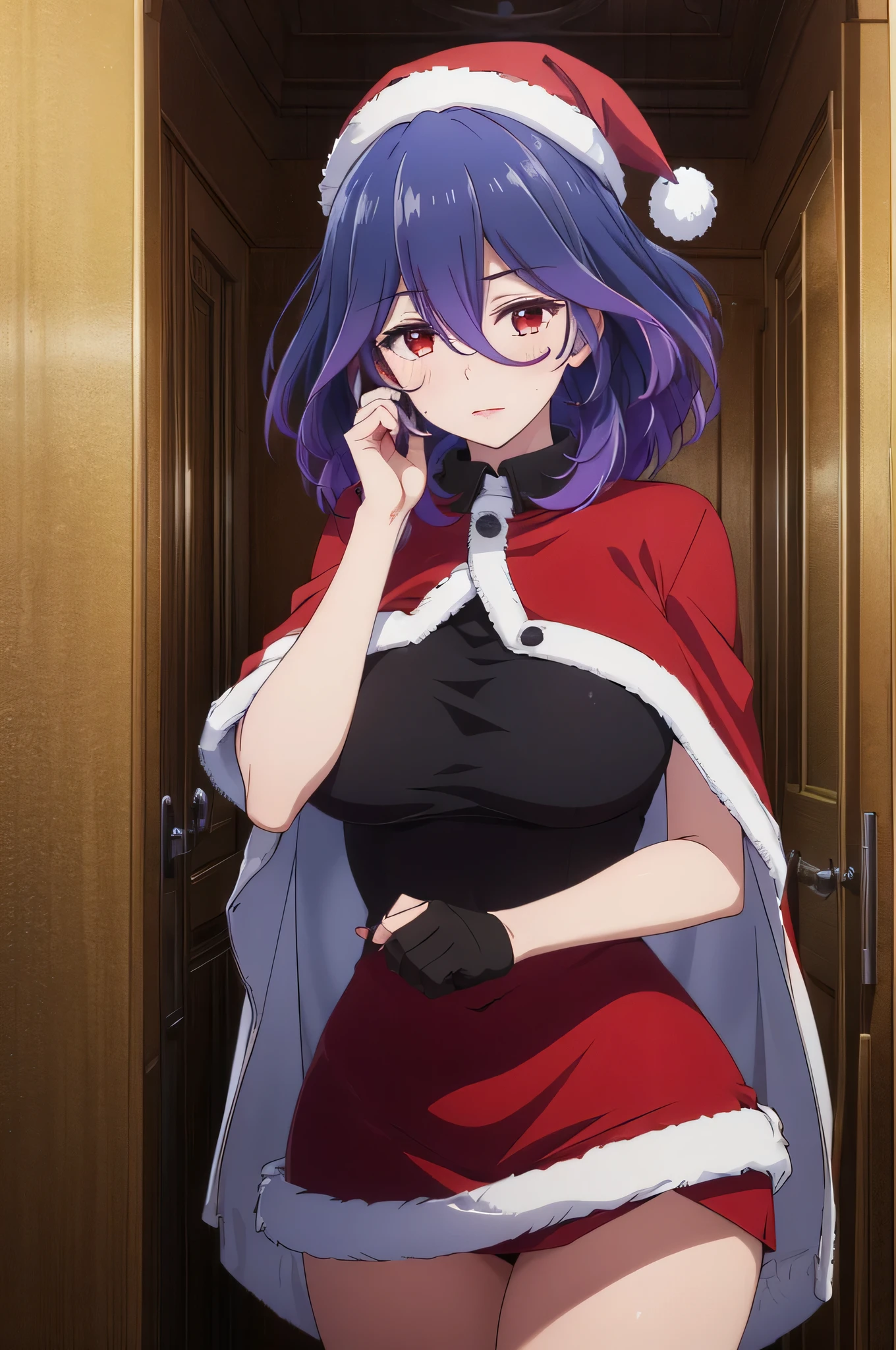 tall body, tall, long legs, mature female, mature, adult, simple background eft_vermeil, 1girl, solo, breasts, purple hair, black dress, red eyes, large breasts, medium hair, looking at viewer,, hair between eyes, short hair, blue hair, multicolored hair,, long hair, blush, red capelet, christmas, santa dress, capelet, dress, fur-trimmed capelet, santa costume, santa hat, red dress, red headwear, bangs, breasts, fur-trimmed dress, hat, fur trim, upper body, masterpiece, best quality