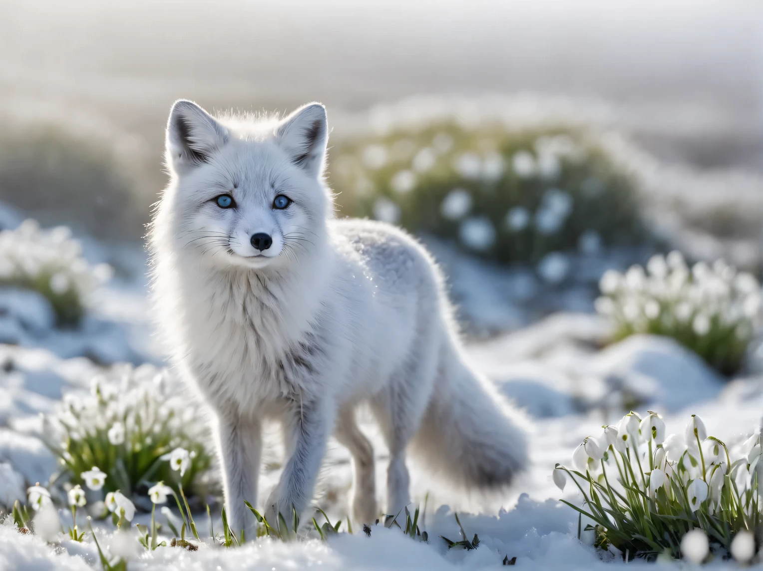 фото Sony a7R V FE 70-200mm f./2.8 US II Grandmasters from a lower angle, a winter fluffy arctic fox walks through the snow towards the shooting lens and sniffs it, close-up, light frosty fog with a halo in the background