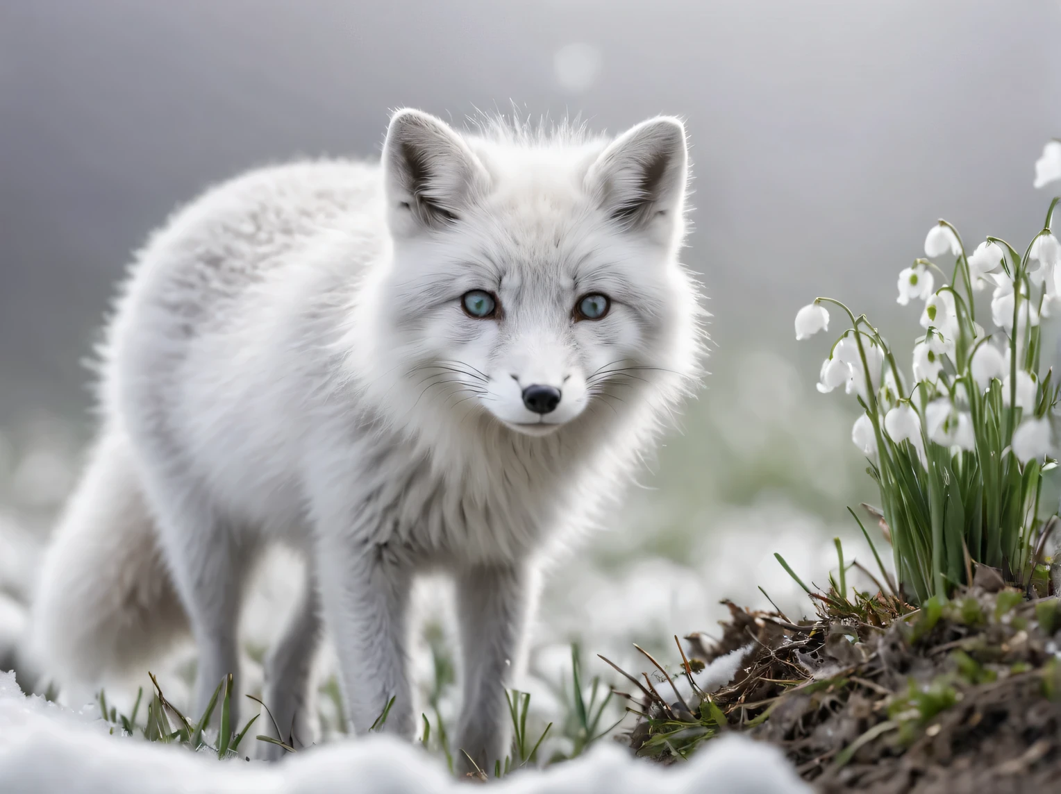фото Sony a7R V FE 70-200mm f./2.8 US II Grandmasters from a lower angle, a winter fluffy arctic fox walks through the snow towards the shooting lens and sniffs it, close-up, light frosty fog with a halo in the background