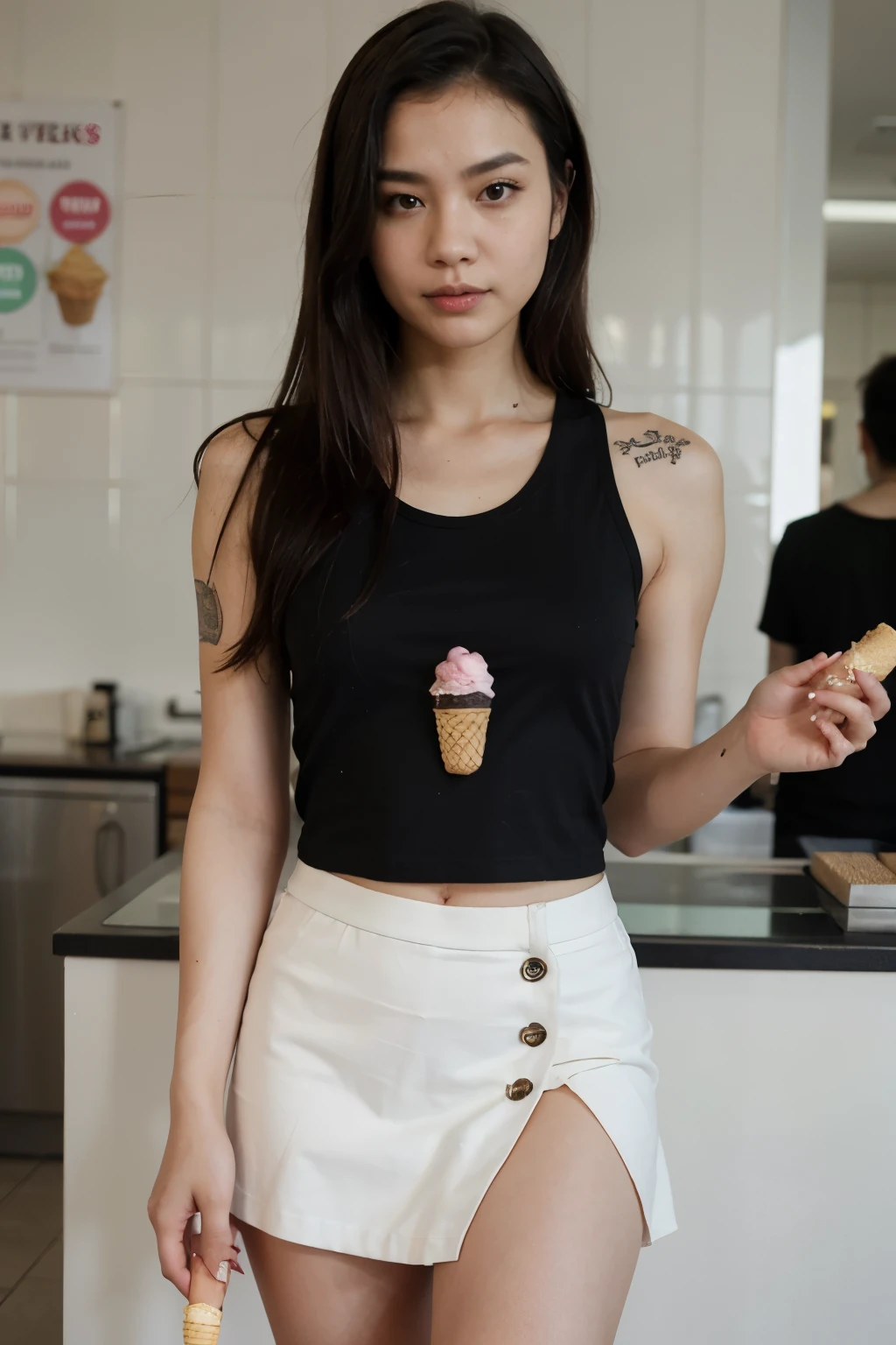 Thai women wear white tank tops Small tattoos in the skin Wear a short skirt. Put the canvas backing in the bag. In the ice cream shop, one hand holds an ice cream cone. There are 3 ice cream sticks.