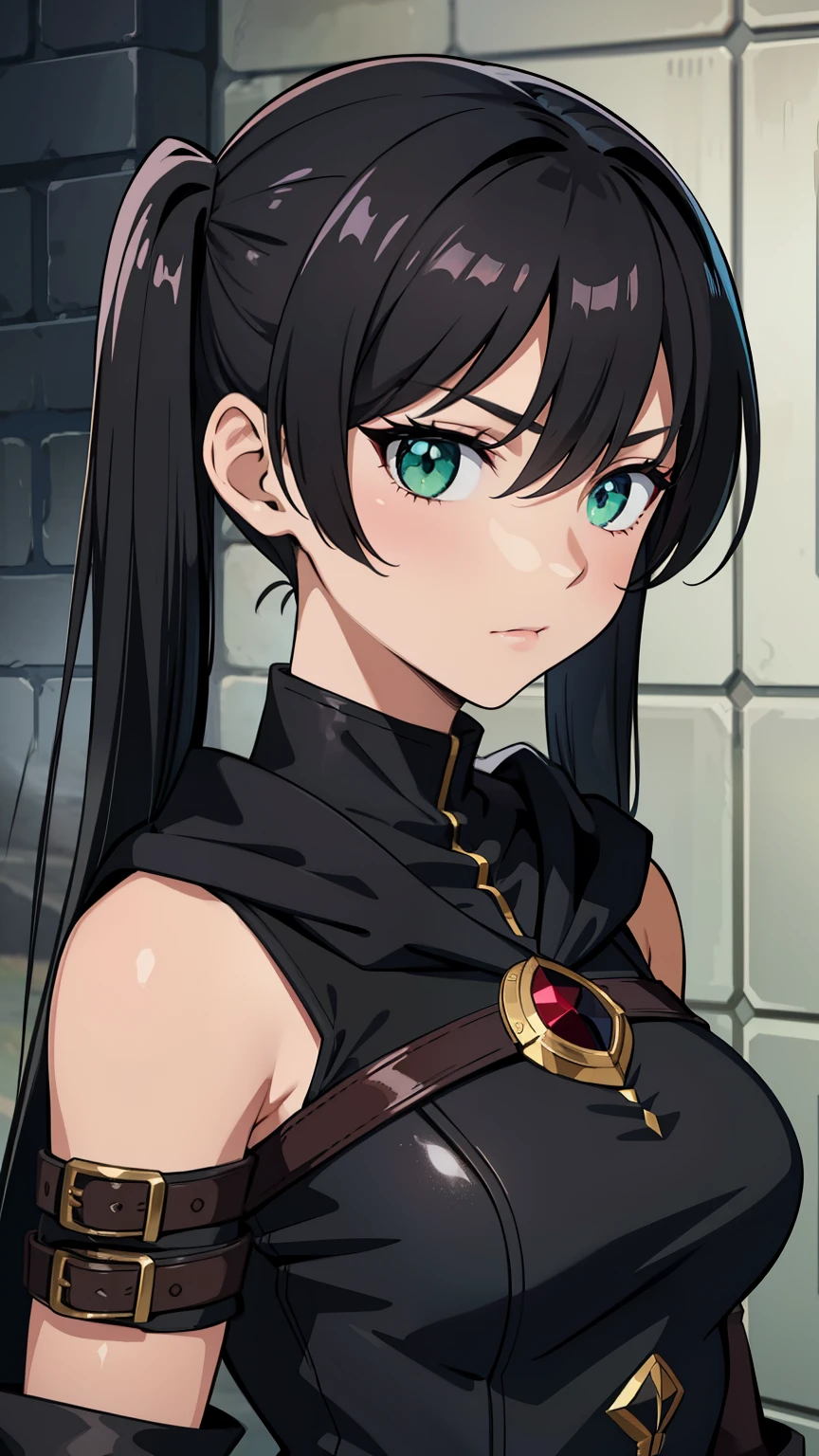 (high-quality, breathtaking),(expressive eyes, perfect face) portrait, 1girl, female, solo, adult, age 20, black hair, green eye color, long hair length, looking at viewer, half body, calm expression, fantasy clothing, height 4"3, fantasy adventurer attire, rouge attire, thief profession, short height, black hooded cloak, black jacket, black short sleeved shirt, long sleeved gauntlets, black shorts, silver trim, fantasy armor, shoulder pads, pigtails, pigtails hairstyle, leather armor, light tanned skin, C cup breast size
