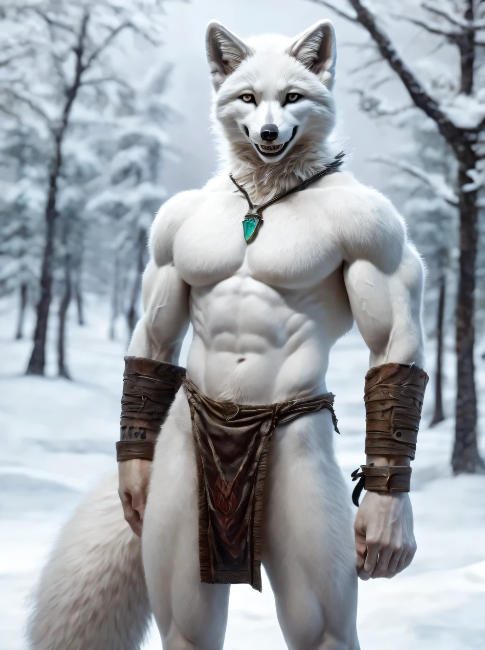 winter:1,3, Photo, (poses cool:1,2135), (fluffy white fur:1,125) Looks (tender and soft:1,235), ultra-realistic shading, anthropomorphic, White color, (Arctic Fox:1.3055), Photorealistic, entertaining, (grin:1.1025), (Salvador Dali:1.235), Huge pectoral muscles, athletic build, huge shoulder muscles, tribe, warrior, big biceps, (loincloth:1.15), (bracelets:1.15), (amulet:1.15), Thin waist, slender man, Strong, the squirrel, transparent, day, winter, cold, steam breathing