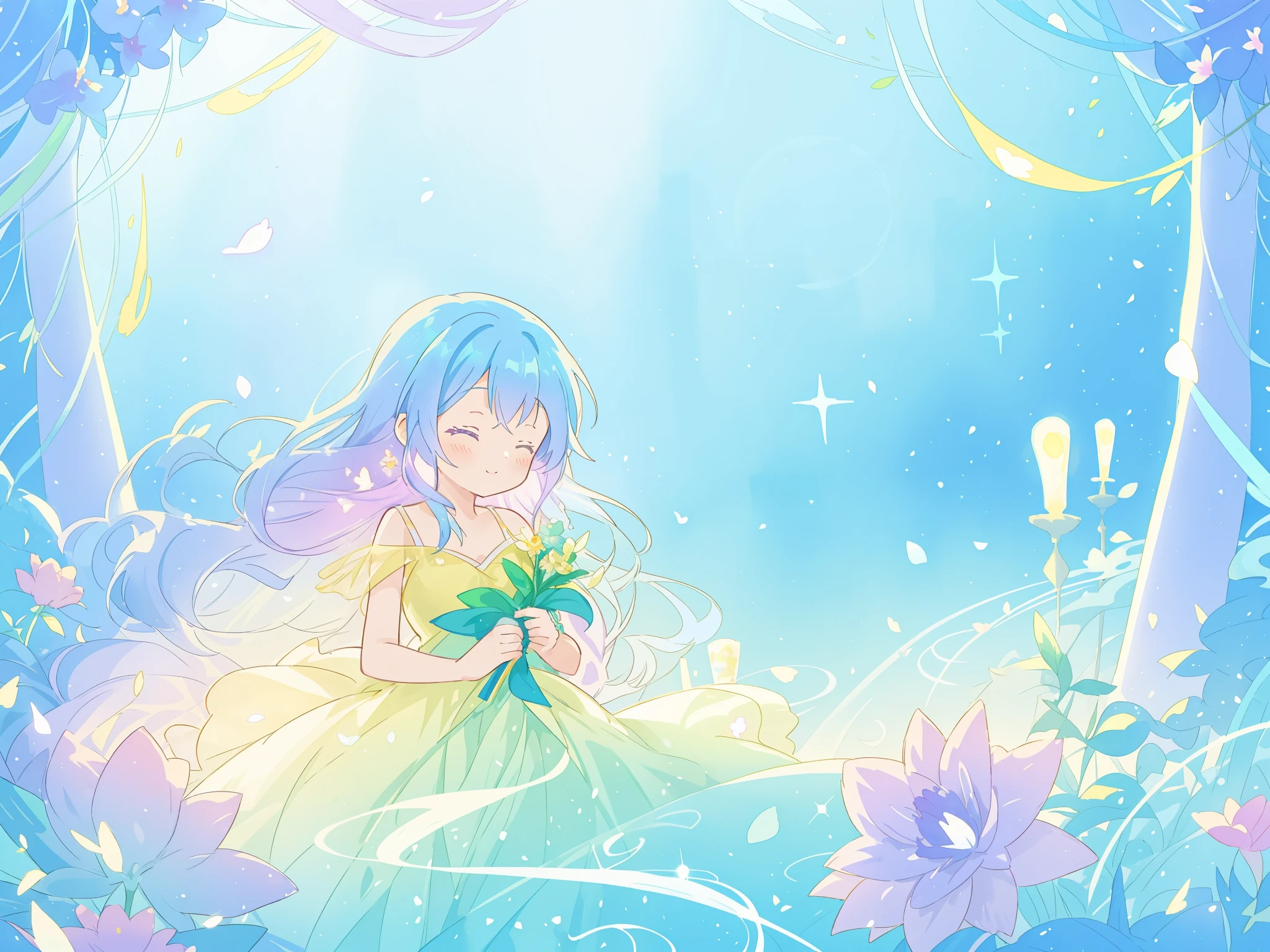 beautiful girl in yellow mint gradient flowing dress, long flowing blue purple hair, colorful fantasia background, watercolor illustration, disney art style, glowing aura around her, glowing lights, beautiful digital illustration, fantasia otherworldly landscape plants flowers, beautiful, masterpiece, best quality, anime disney style