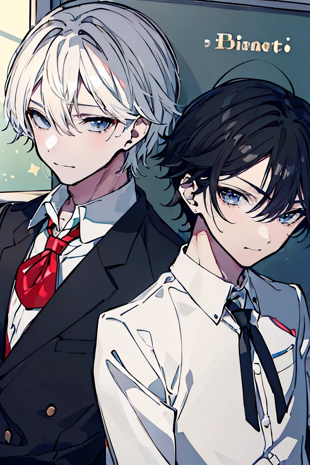 (muste piece), (best quality), very detailed, ((Two friendly high school boys:1.5)), perfect face, beautiful face, very detailed face,(black haired man:1.3),(white haired man:1.3),School,classroom,student uniform