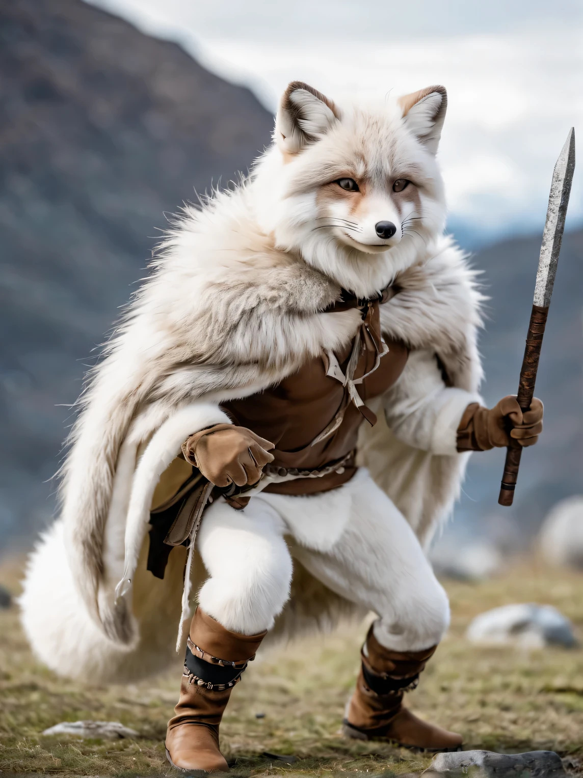 фото Sony a7R V FE 70-200mm f./2.8 US II Grandmasters from a lower angle, a winter fluffy arctic fox walks through the snow towards the shooting lens and sniffs it, close-up, light frosty fog with a halo in the background