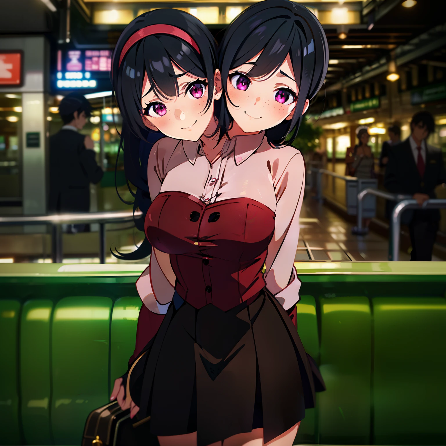 (masterpiece),(ultra-detailed), (high quality), (high resolution), (best quality:1.5, highres, UHD), highres, absurdo, ultra detail, ultra quality, Ultra resolution, 16k, ((2heads:1.5)), 1girl, ((anime girl with two heads)), (black hair) magenta red blouse with jacket and a hot pink mini skirt with pleats, fingerless black gloves, suede shoes, (freckles), gentle smile, (tomboy), cowboy shot, (railway station), (headband)