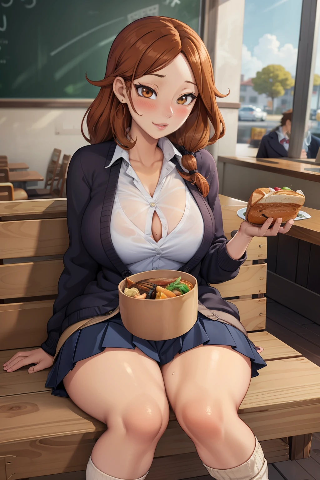 Seductive anime girl, school uniform, pleated skirt, brown loafers, 4K digital art, glamor girl, ultra-realistic drawing, excessive art, 8K high quality detailed art, curvaceous tanned gal, dress Shirt, cardigan, brown wavy hair, tanned skin, loose socks, having lunch at a cafe, blushing, attractive figure,