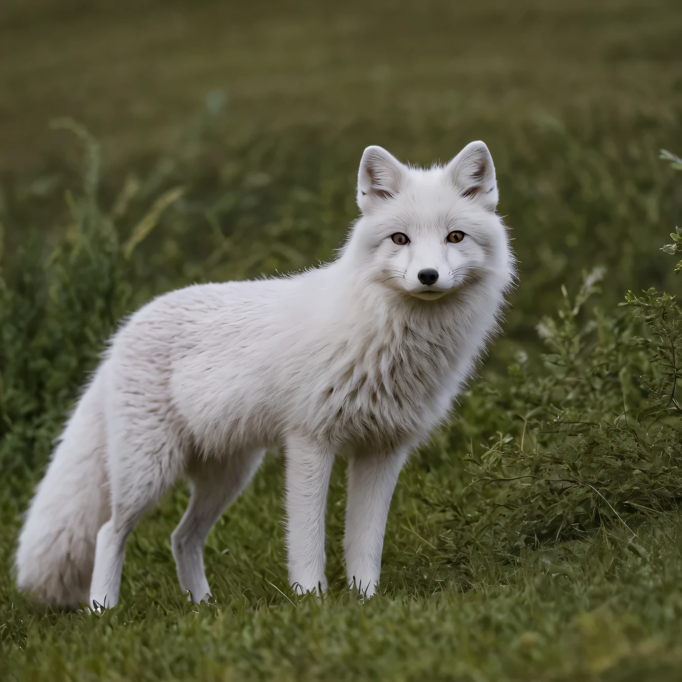 фото Sony a7R V FE 70-200mm f./2.8 US II Grandmasters from a lower angle, a winter fluffy arctic fox walks through the snow towards the shooting lens and sniffs it, close-up, light frosty fog with a halo in the background