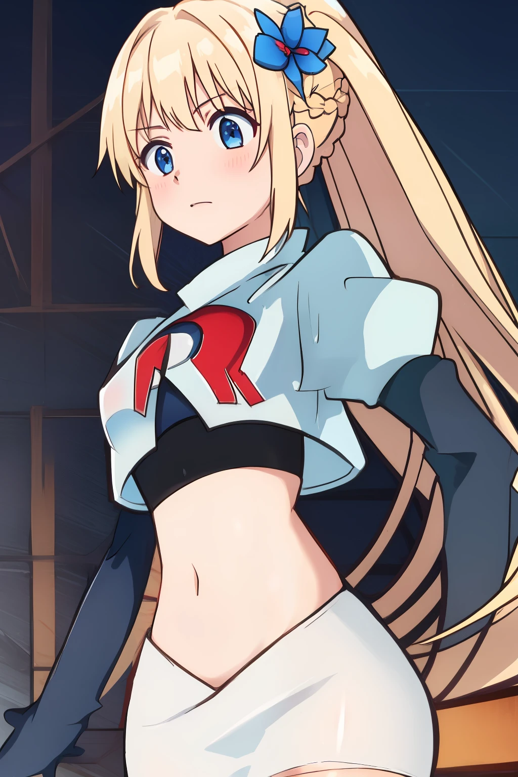 sora, anime art style, 1girl, solo, blush, bangs, blue_eyes, blonde_hair, hair_ornament, ponytail, braid, flower, hair_flower, blue_flower, team rocket,team rocket uniform, red letter R, white skirt,white crop top,black thigh-highs ,black elbow gloves