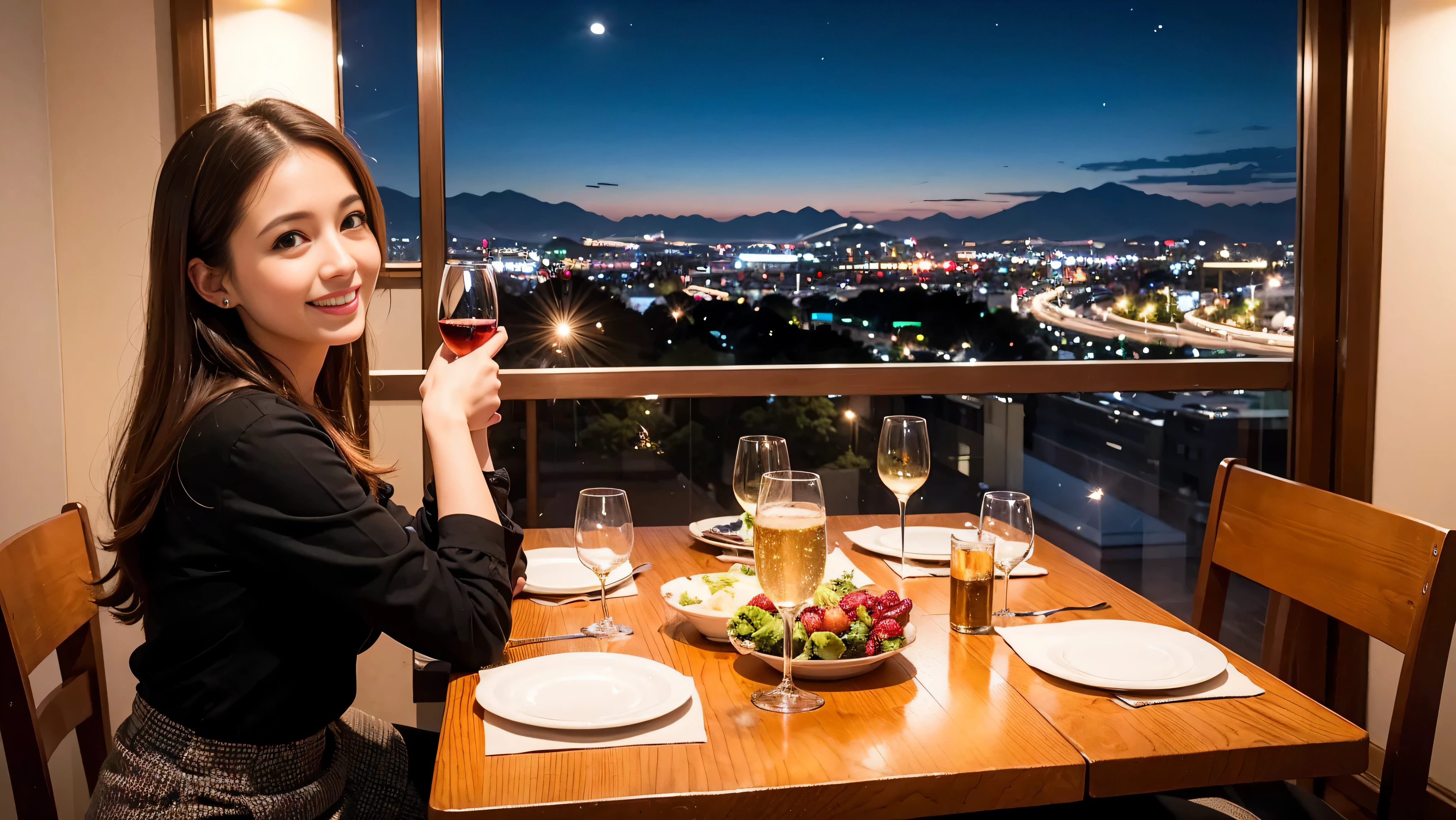 64k, Hmm, highest quality, masterpiece: 1.2), (realistic, photorealistic: 1.37), Spectacular view of the sunset sky and clouds、Amazing mountain views、slimな美女3名, (slimフェイス),Happy、 最高なsmile、Fox face、Berry Short、(because I'thin), (brown hair), (shortcut), long sleeve shirt、winter fashion、Colombian、Brazilian、Japanese、Dutch、German、Portuguese、Belgian、Italian、French,Champagne、sparkling wine、 (gush out), (slimボティ), (brown hair), (shortcut), neat beauty、cheeks turn a little red, (35 years old), 38 years old, alone, A beautiful and detailed night view spreads out outside the window...., restaurant, wine glassが座っている, At night, in a prominent place (from the Upper body) nova frog style, actress, model, Upper body, White wine, slim, wine glass, Very beautiful night view, wine glass Put in the Middle, Happy smile, (smile: 1.15),