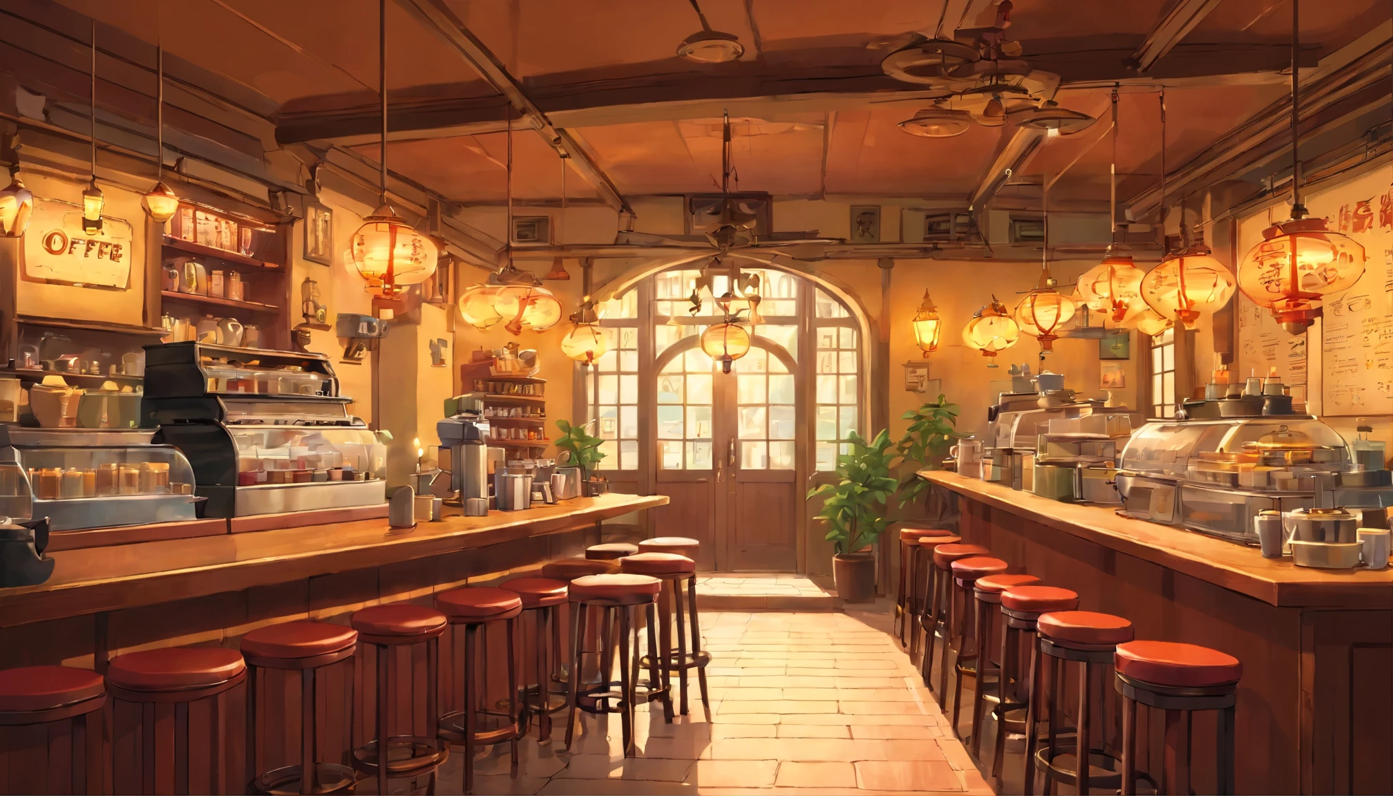 A hidden underground coffee shop、coffee、cup and saucer、indirect lighting、chandelier、retro、Being Calm、counter、coffee豆、movie poster