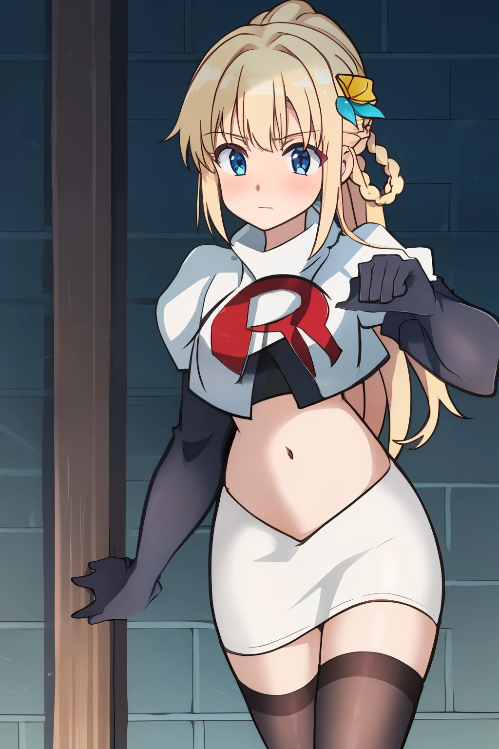 sora, anime art style, 1girl, solo, blush, bangs, blue_eyes, blonde_hair, hair_ornament, ponytail, braid, flower, hair_flower, blue_flower, team rocket,team rocket uniform, red letter R, white skirt,white crop top,black thigh-highs ,black elbow gloves