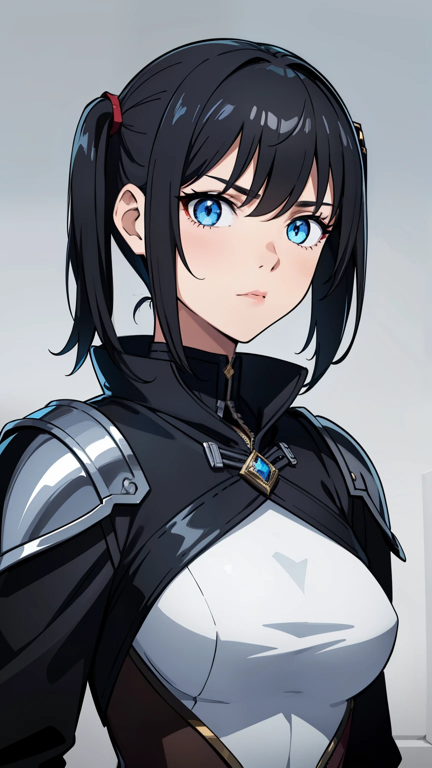 (high-quality, breathtaking),(expressive eyes, perfect face) portrait, 1girl, female, solo, adult, age 20, black hair, blue eye color, short hair length, looking at viewer, half body, calm expression, fantasy clothing, height 4"3, fantasy adventurer attire, rouge attire, thief profession, short height, black hooded cloak, black jacket, black short sleeved shirt, long sleeved gauntlets, black shorts, silver trim, fantasy armor, shoulder pads, pigtails, pigtails hairstyle, leather armor, light tanned skin, C cup breast size
